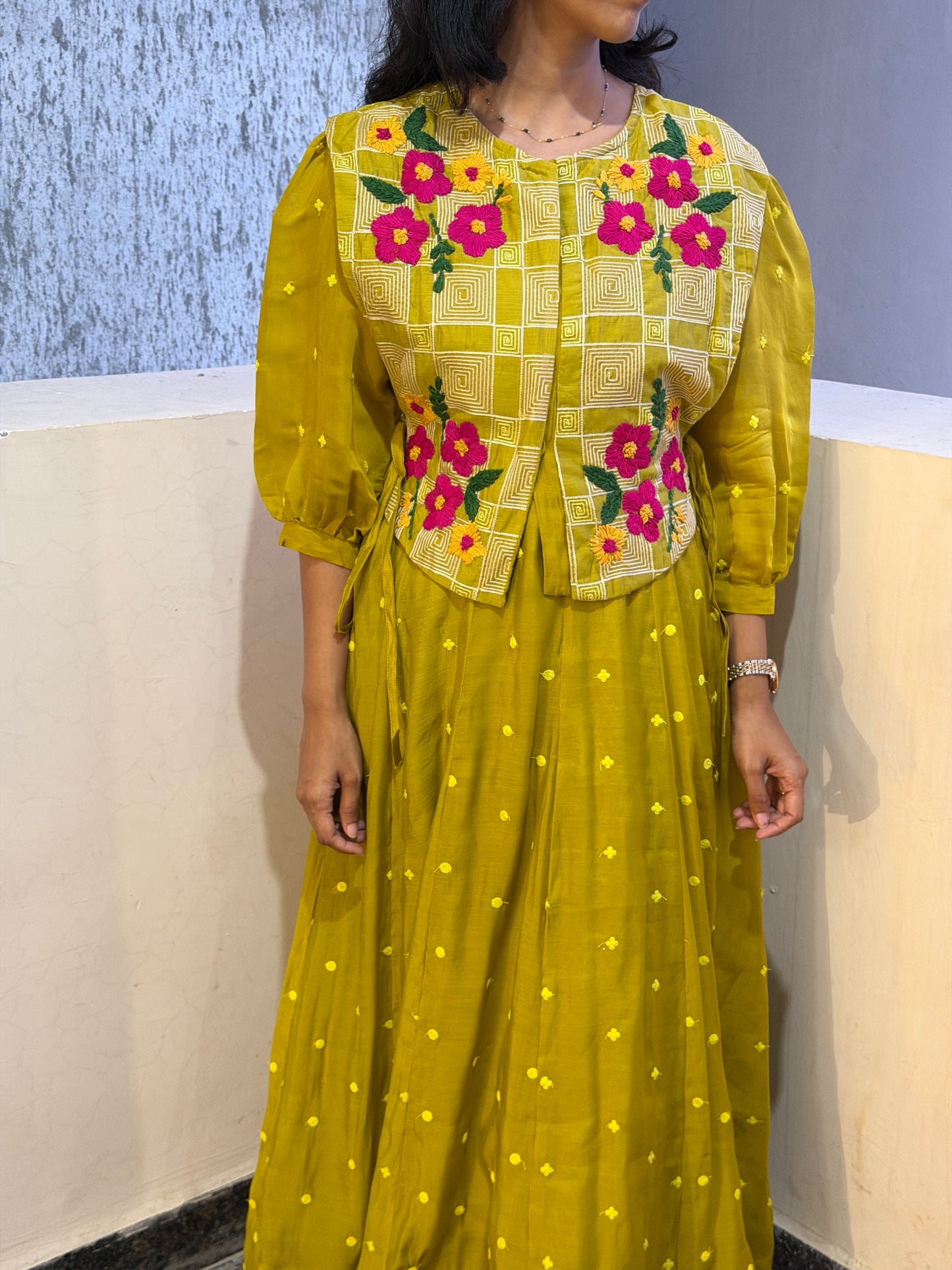 A0759 Mul Chanderi khali dress in beautiful Mustard shade