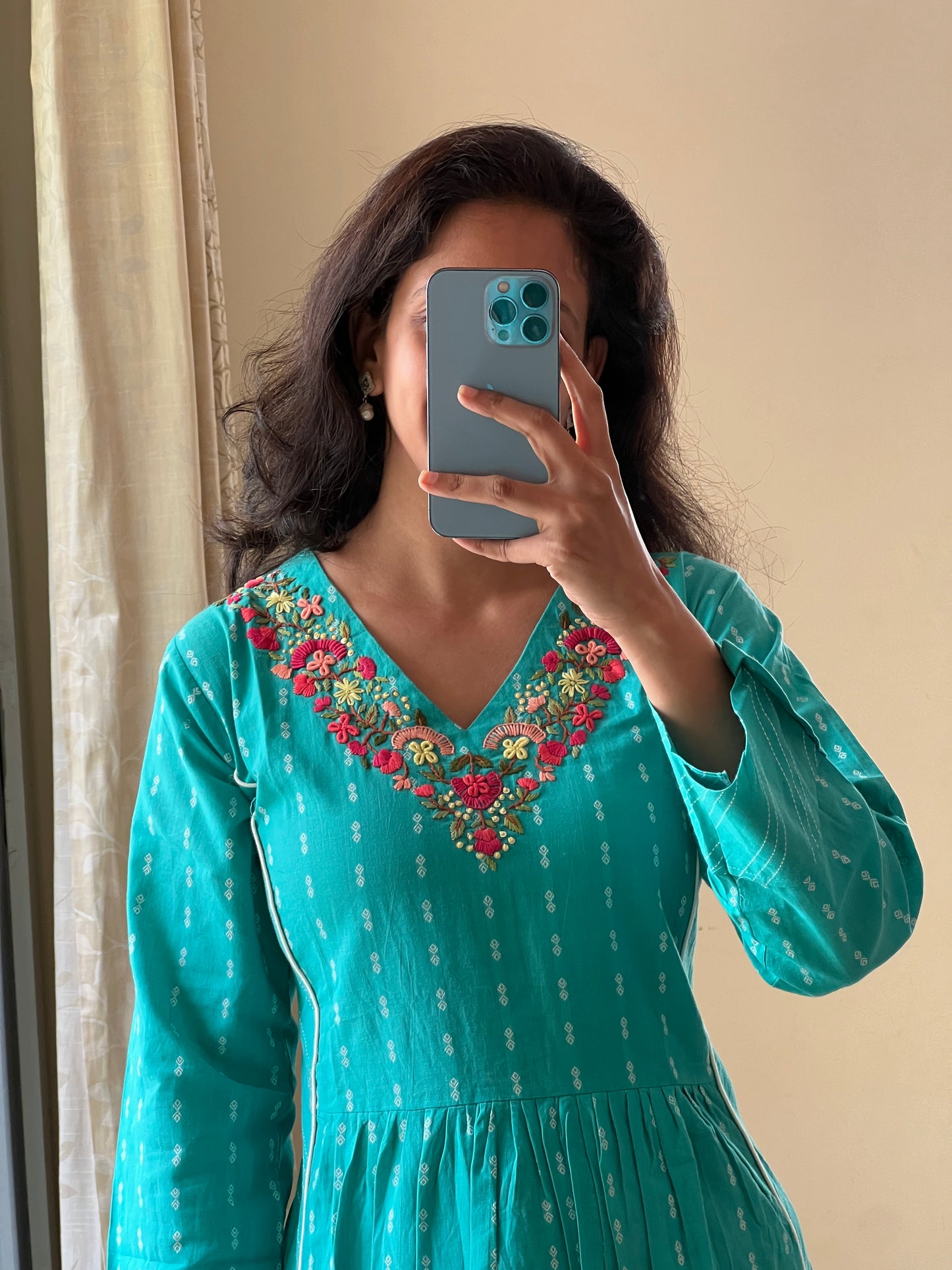 1107 green Handloom cotton weave one piece dress with hand embroidery