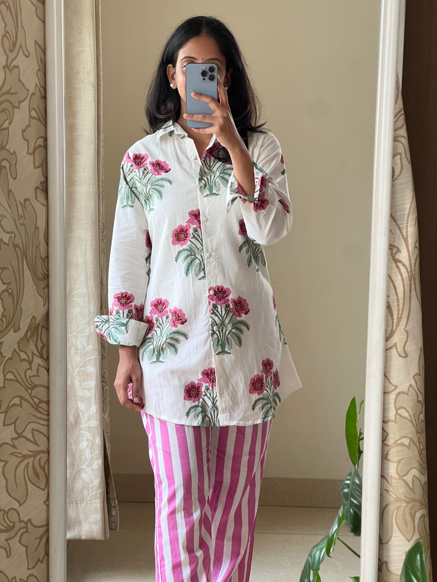 A0476 white & pink pure cotton hand block printed coord set