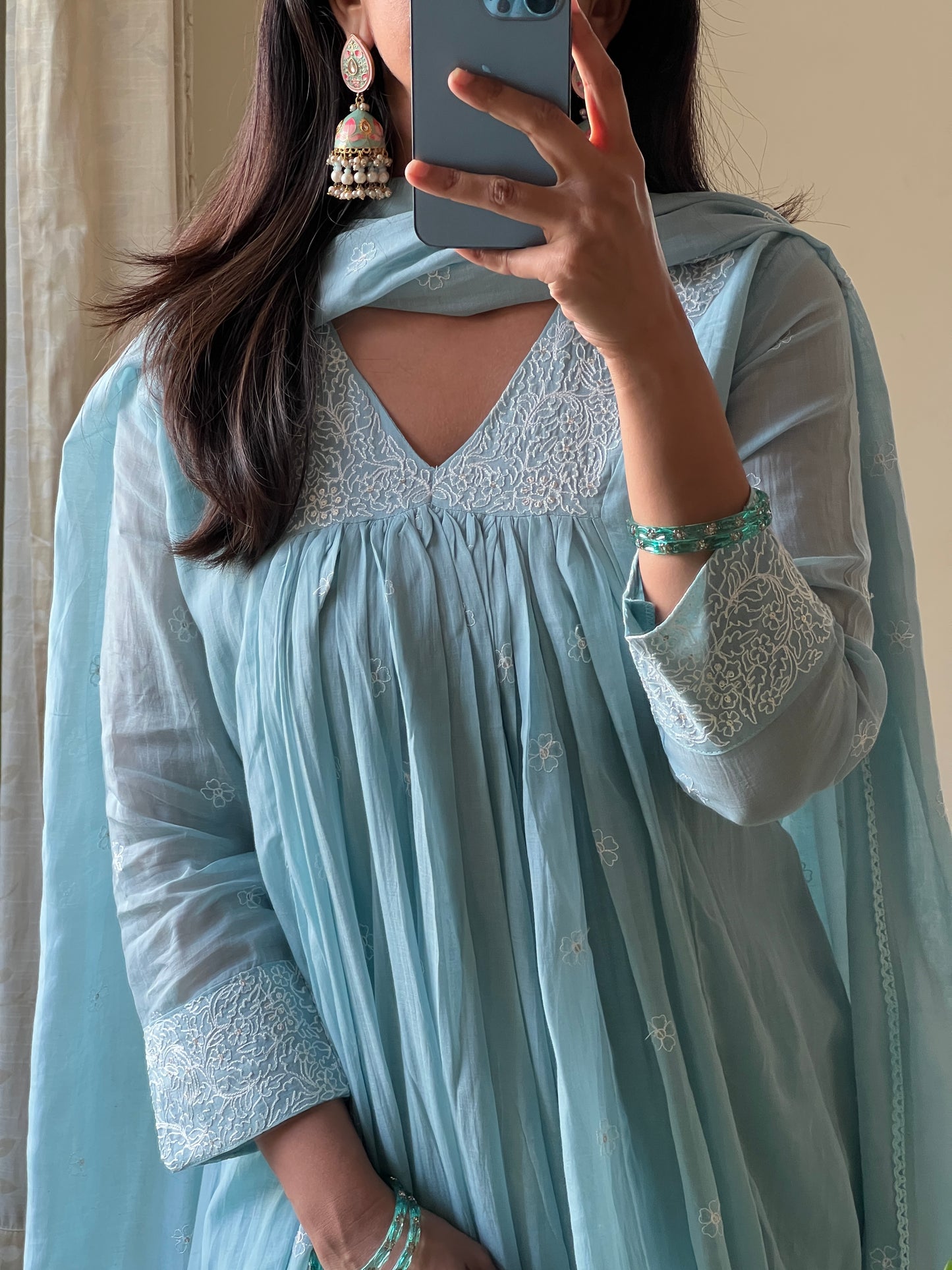 A0579 sea blue mul chanderi 3 piece dress with thread work embroidery over the neck & butties all over the dress & duppatta