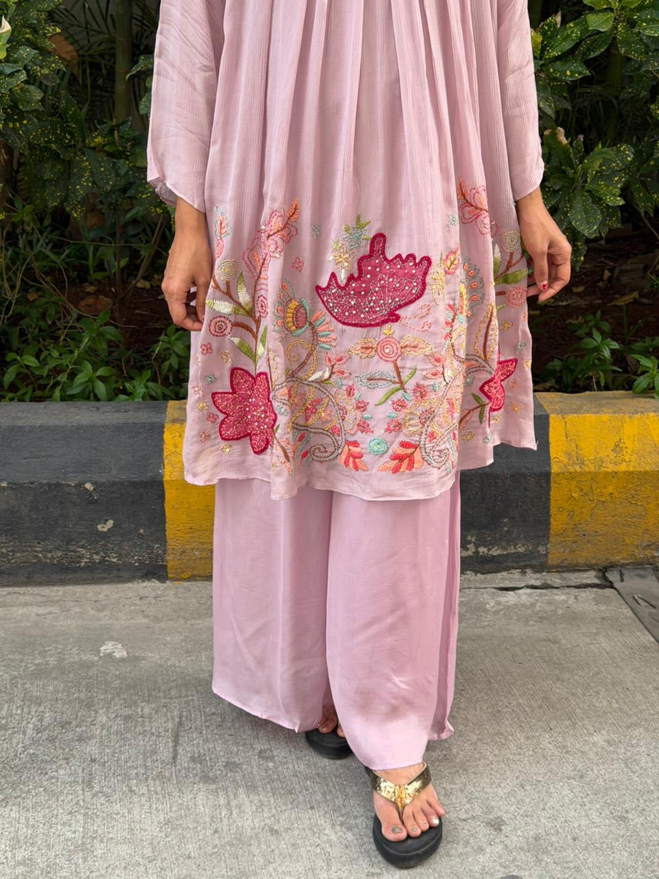 A0623 lavender chinnon coord set with applique & hand embroidery detailing