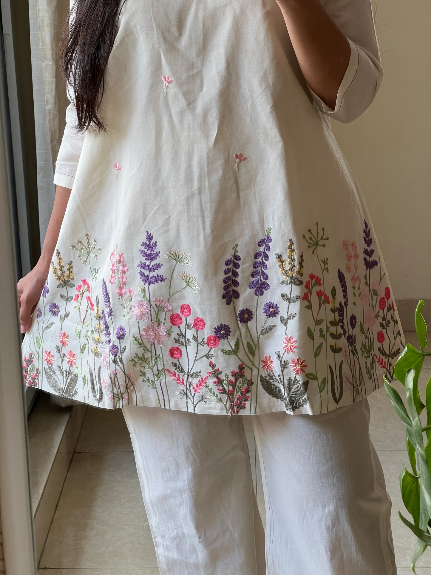 A0412 Mulmul Summer Coord with Embroidery detailing and bell bottoms