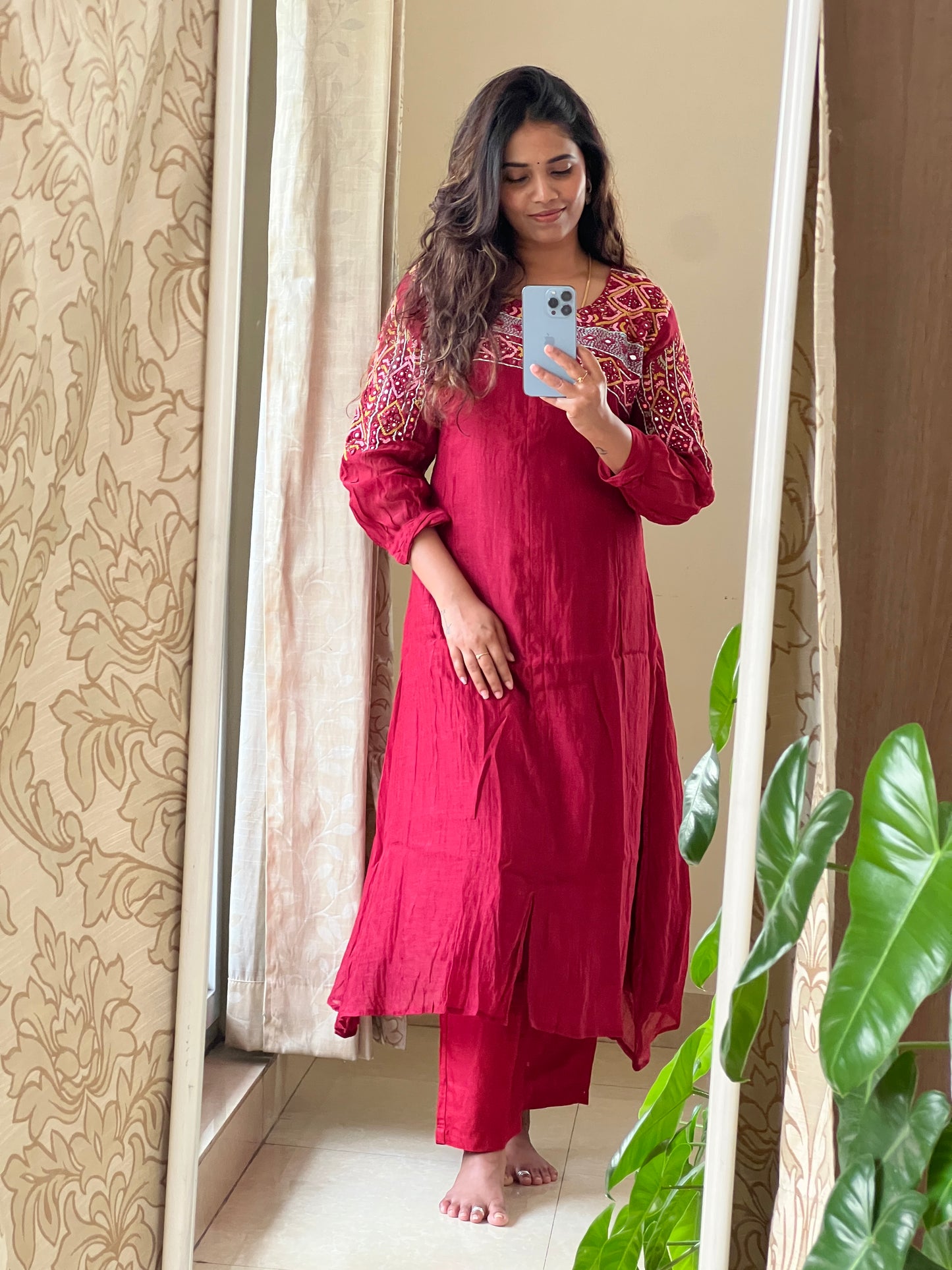 A0538 red mul chanderi 2 piece dress with hand embroidery detailing on yoke part with mirrors & Kantha work
