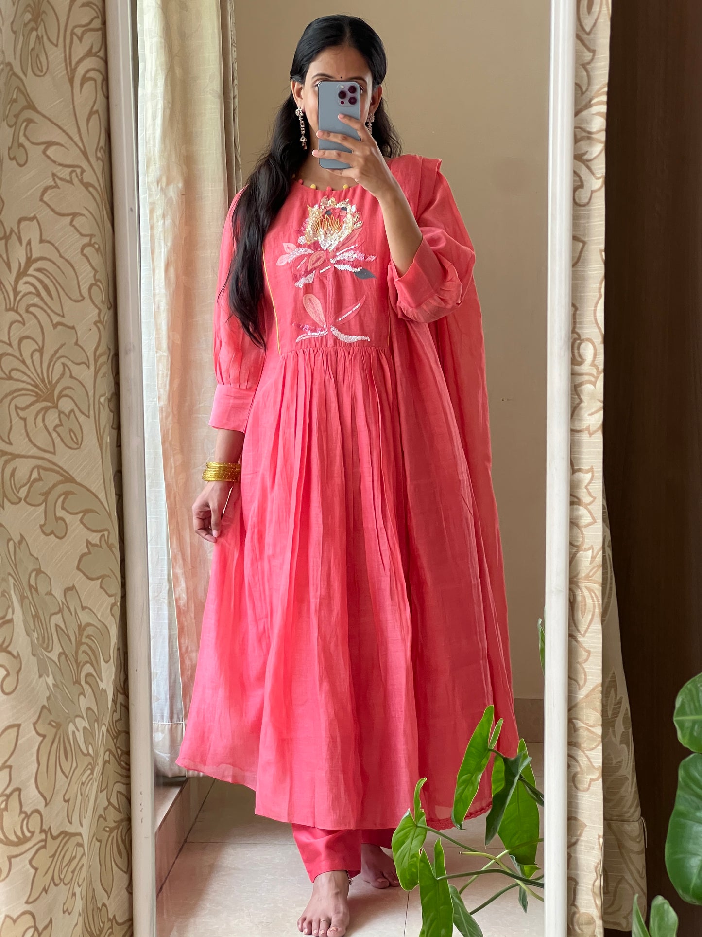 A0421 peach mul chanderi 3 piece dress with hand embroidery, beads and chips work