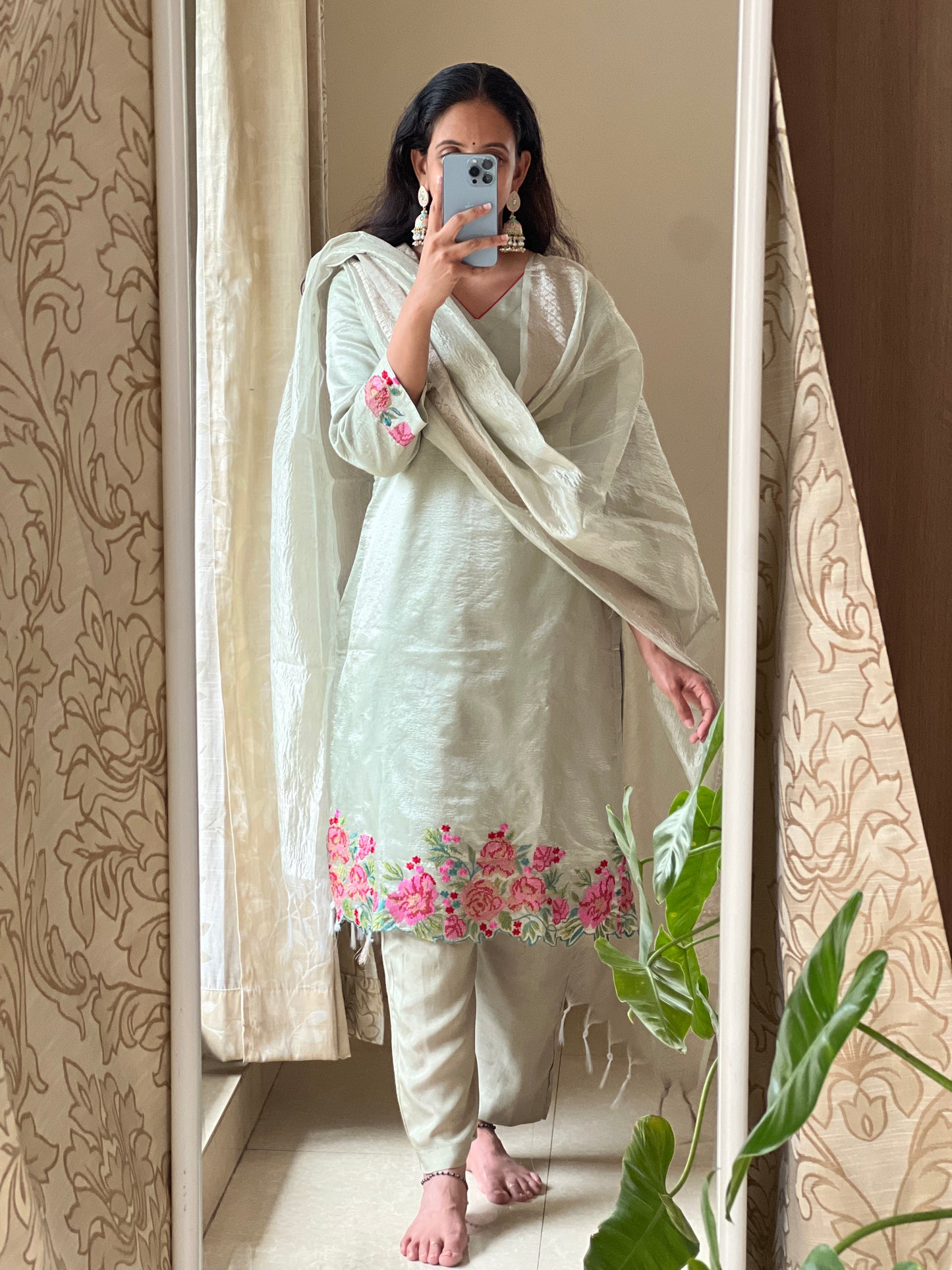 A0403 pista green crushed tissue 3 piece dress with crossstich machine embroidery & cut work detailing