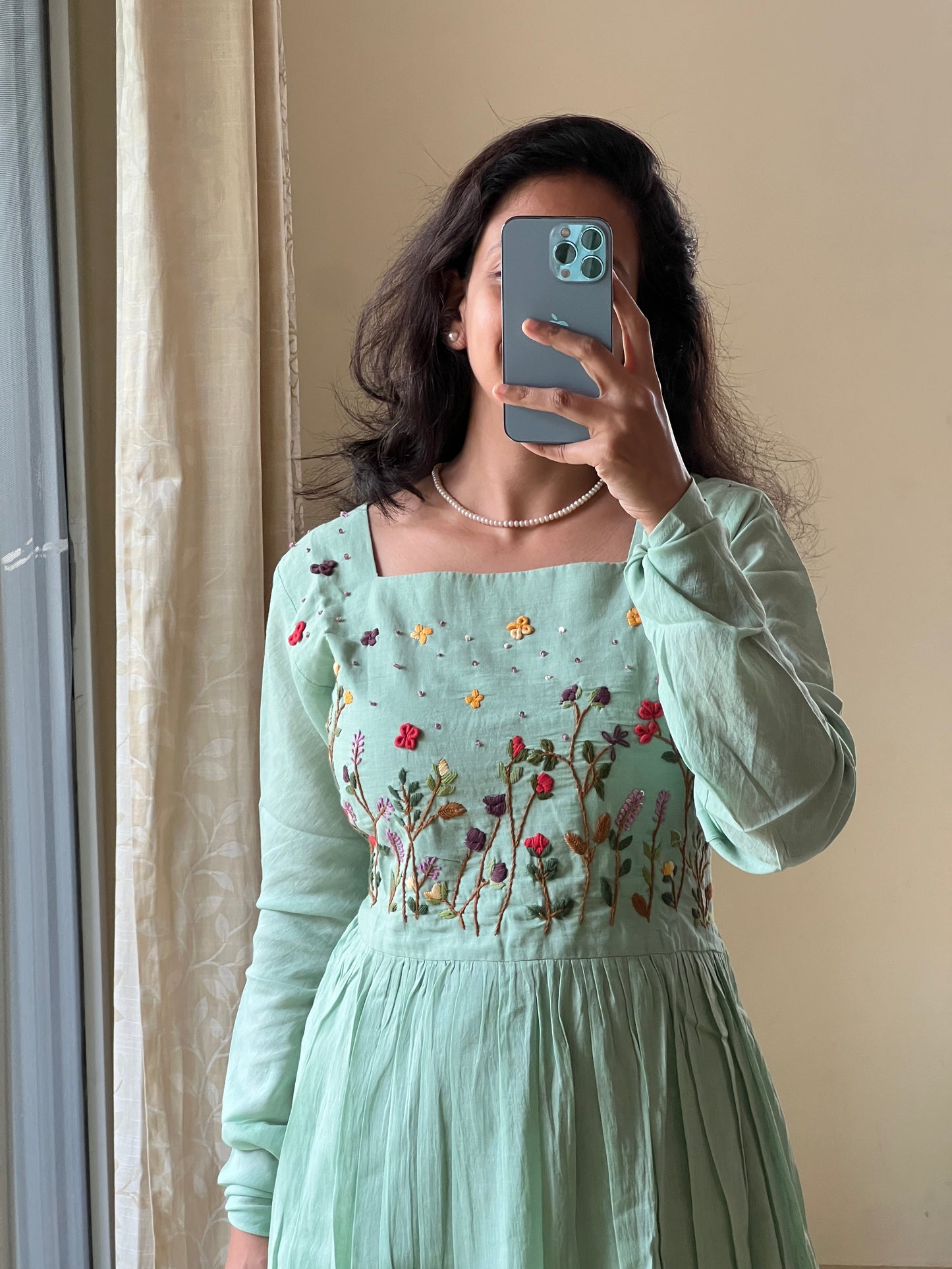 #9141 Mulmul green shaded 2 piece dress with hand embroidery