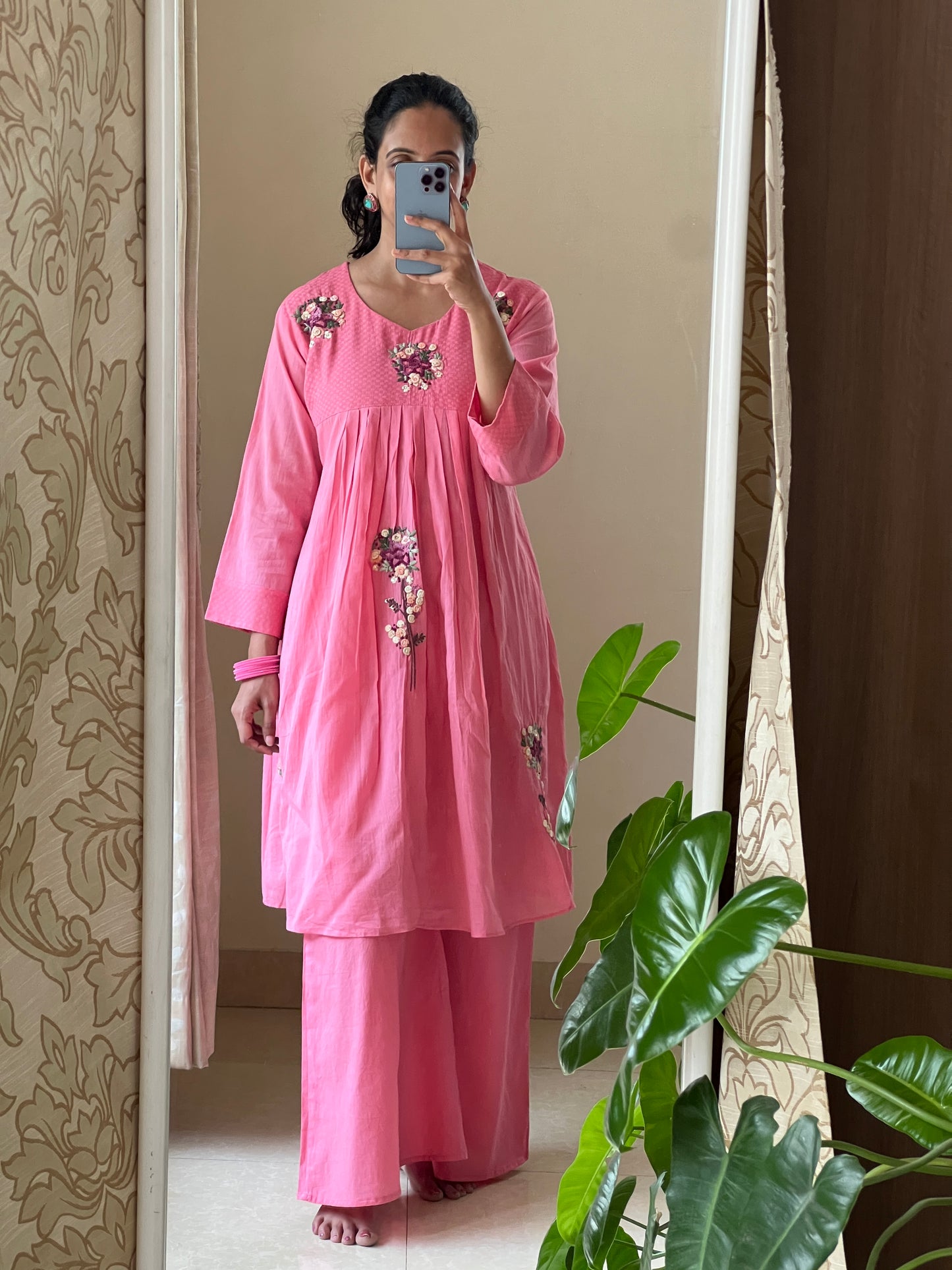 A0503 pink mul cotton 2 piece dress with hand embroidery detailing comes with plazzo pants