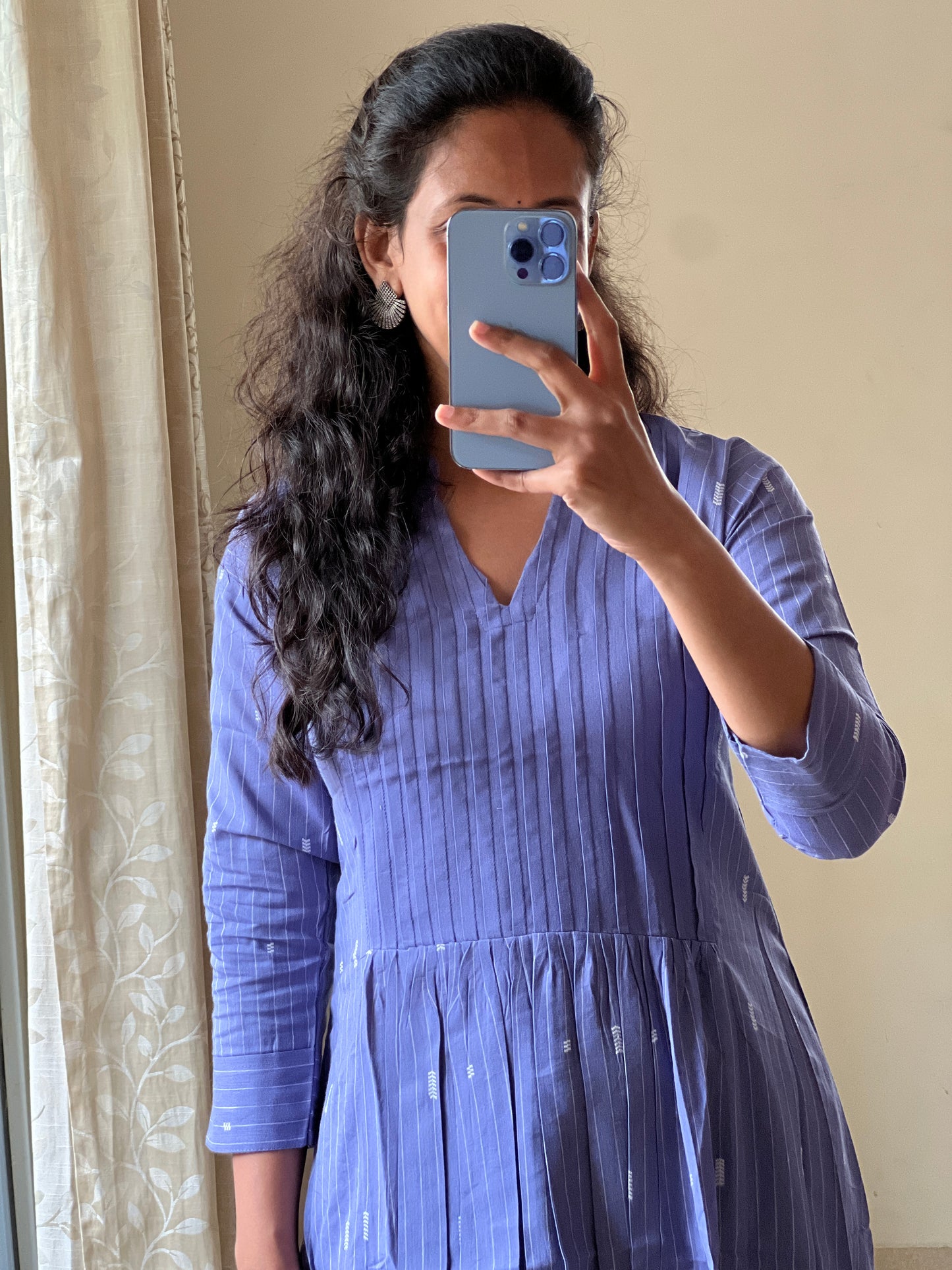 9162 blue Handloom cotton weave 2 piece dress with pleats