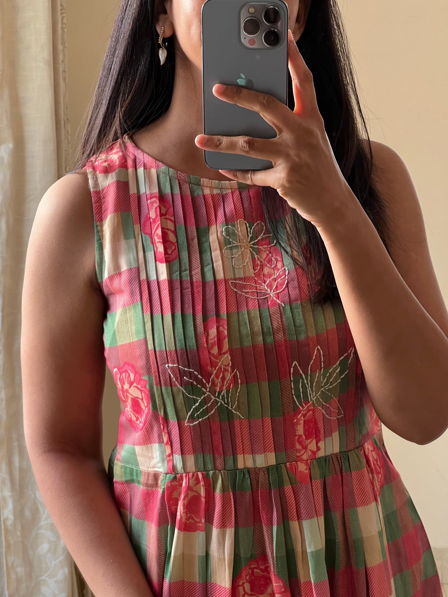 A0571 red premium handloom cotton checks & florals with hand embroidery detailing on yoke part