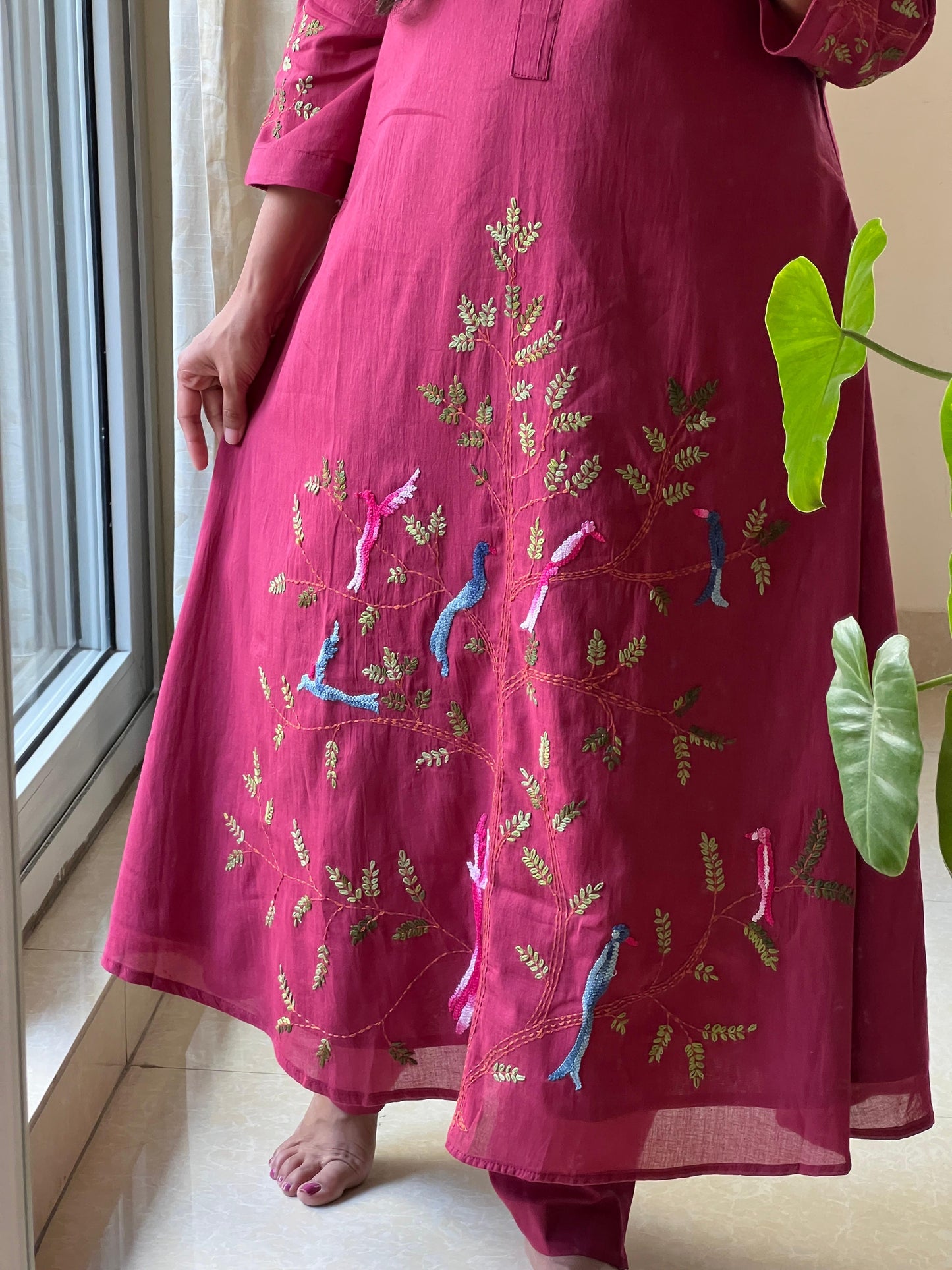 A0356 wine Mulmul 2 piece dress with hand embroidery detailing