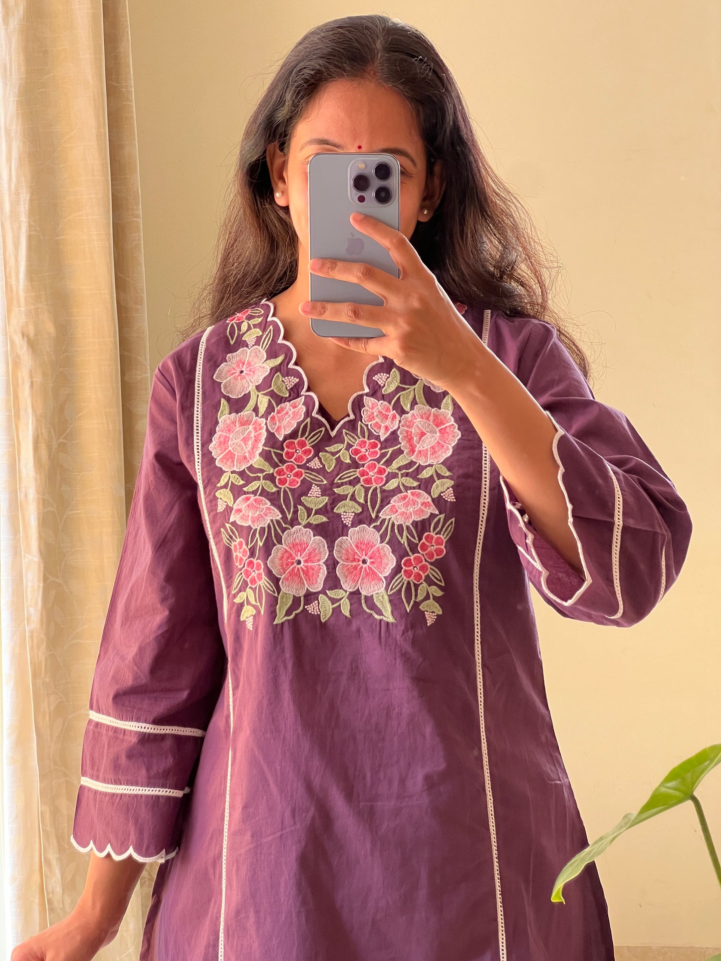 A0312 purple cotton 2 piece dress with machine embroidery detailing