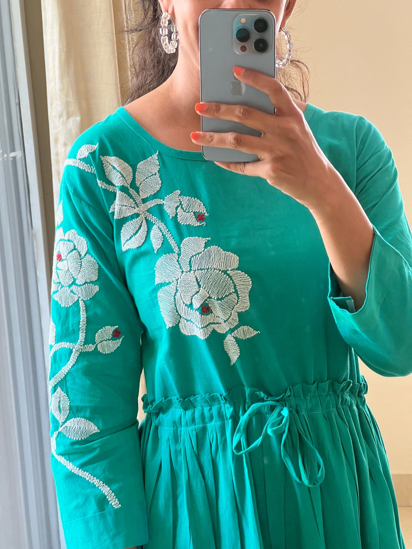 A0048 handloom cotton one piece dress with machine embroidery and adjustable tie ups