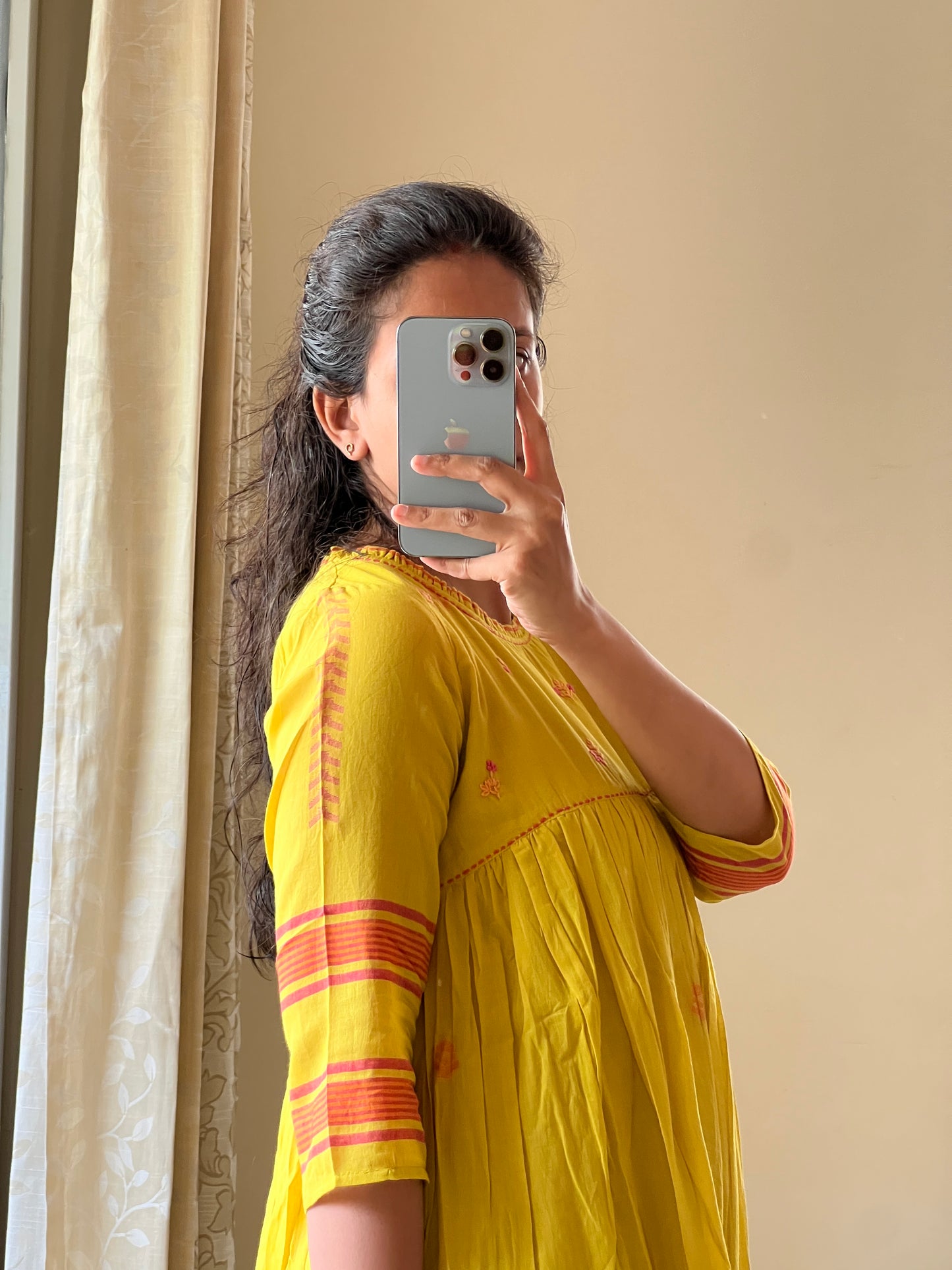 A0368 yellow Bengal cotton jamdani Frock with hand work detailing on yoke part