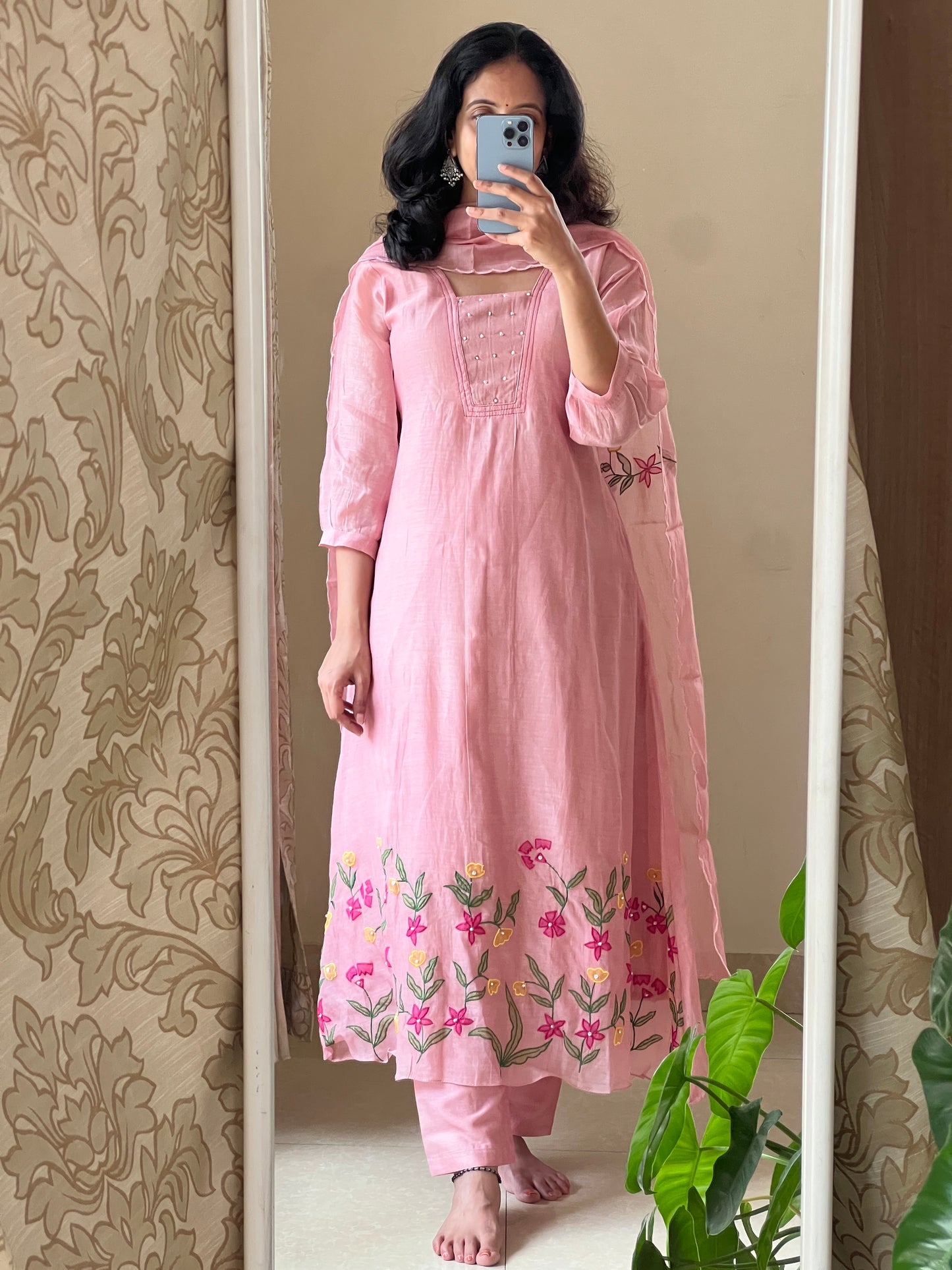 A0420 nude pink mul chanderi 3 piece dress with applique work embroidery