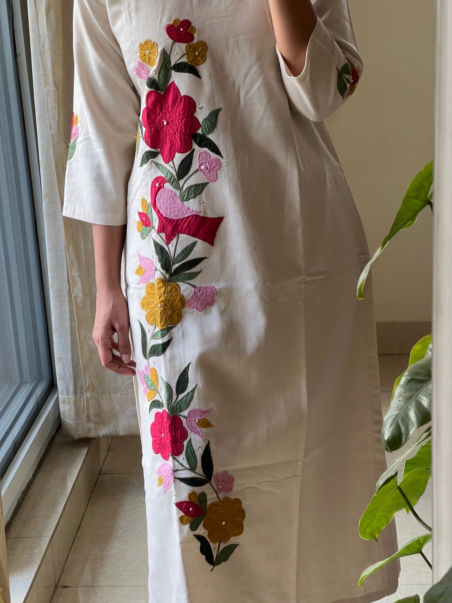 A0217 half white handloom cotton 2 piece dress with bird applique work