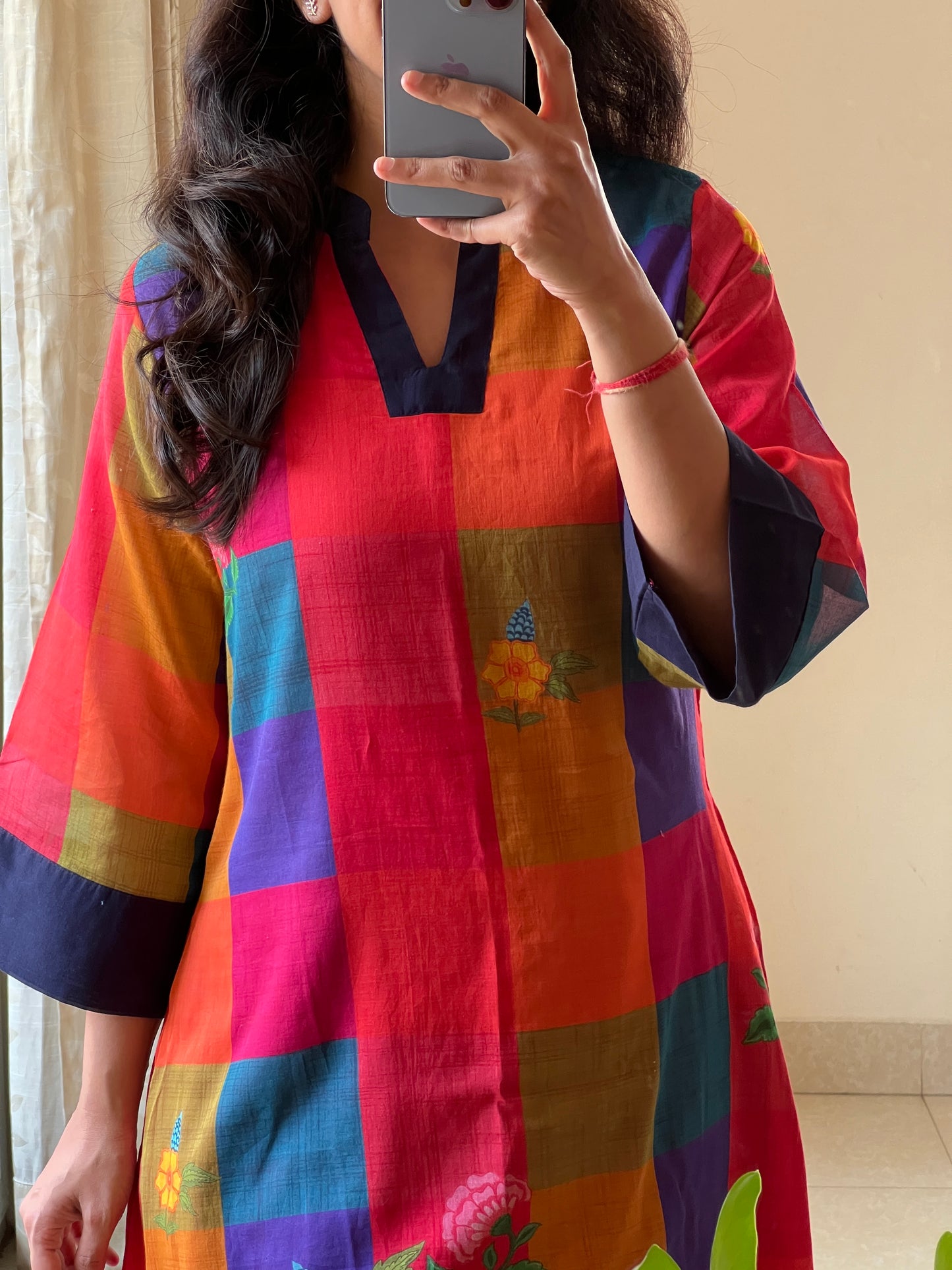 A0665 mul cotton multi colour checks digital printed kurta and navy blue pants, kurta comes with lining