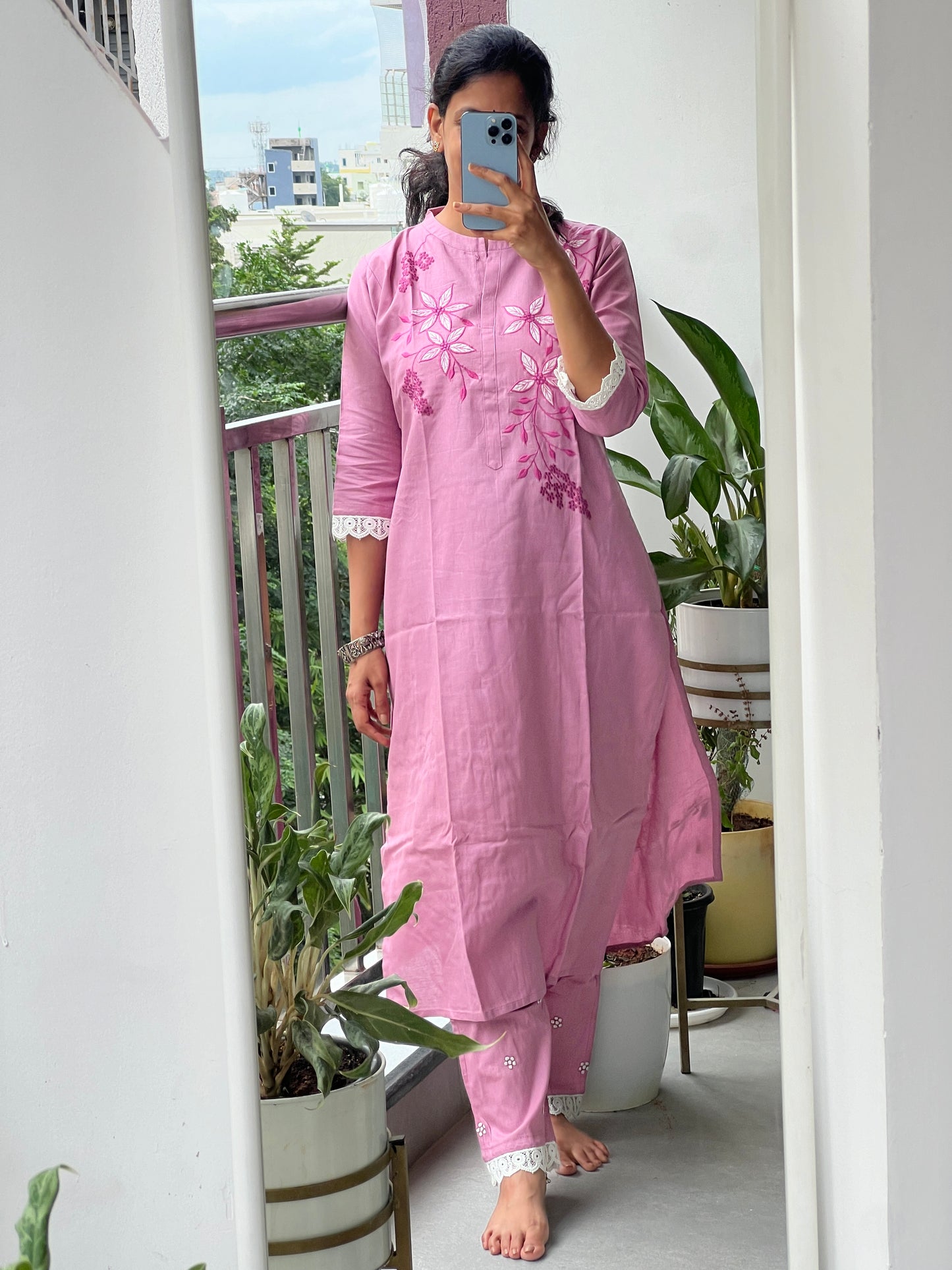 A013 Handloom cotton 2 piece dress with applique work detailing