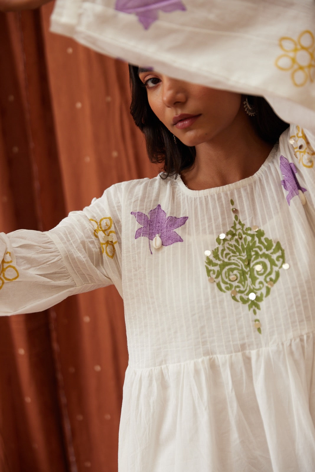 A0470 white cotton two piece set with hand block printed detailing