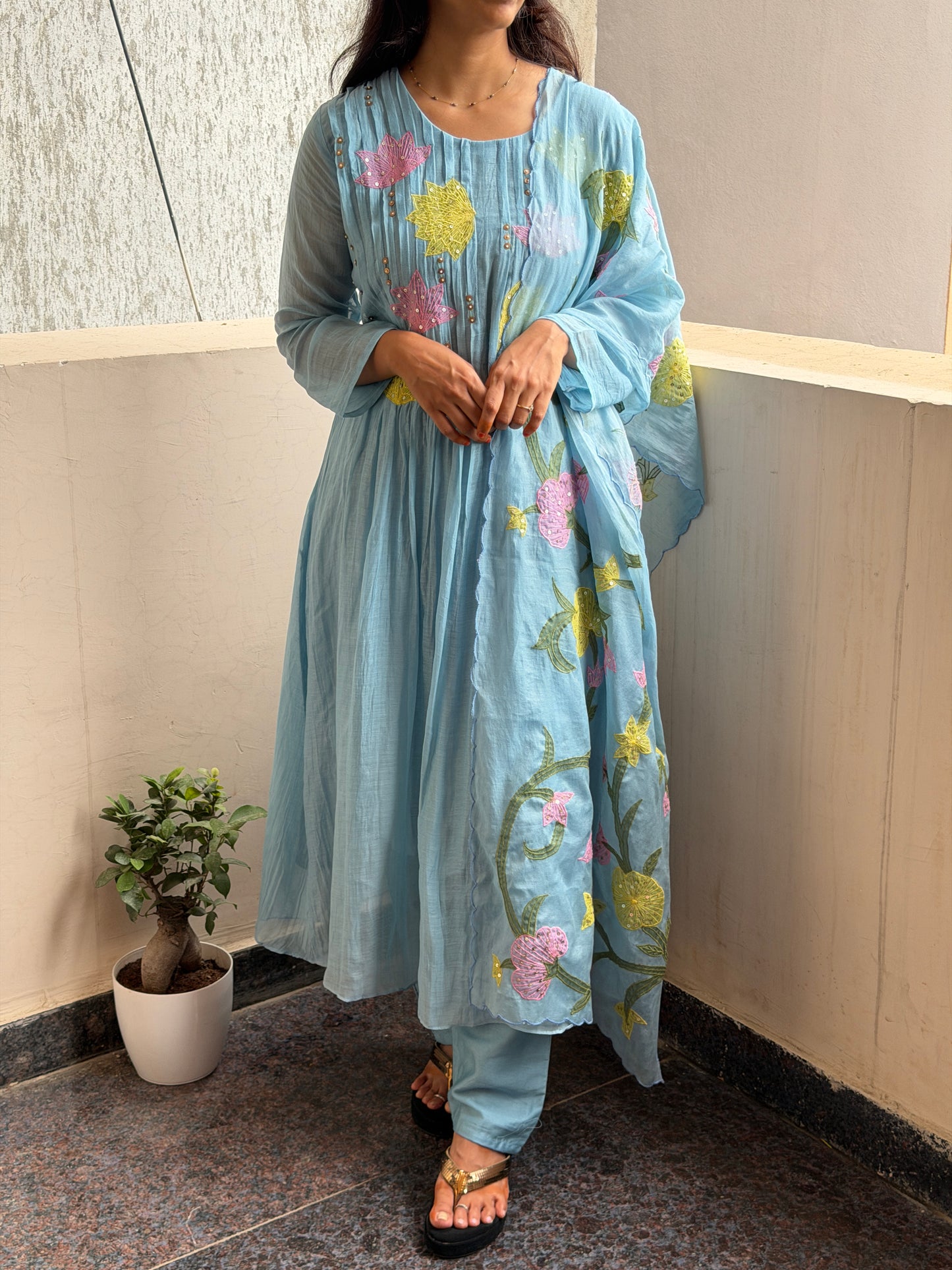 A0815 blue premium mul chanderi 3 piece suit with applique work