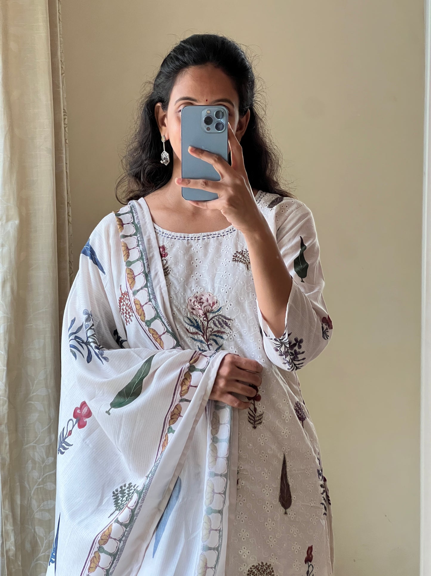 A0477 white pure cotton printed 3 piece set with embroidery detailing