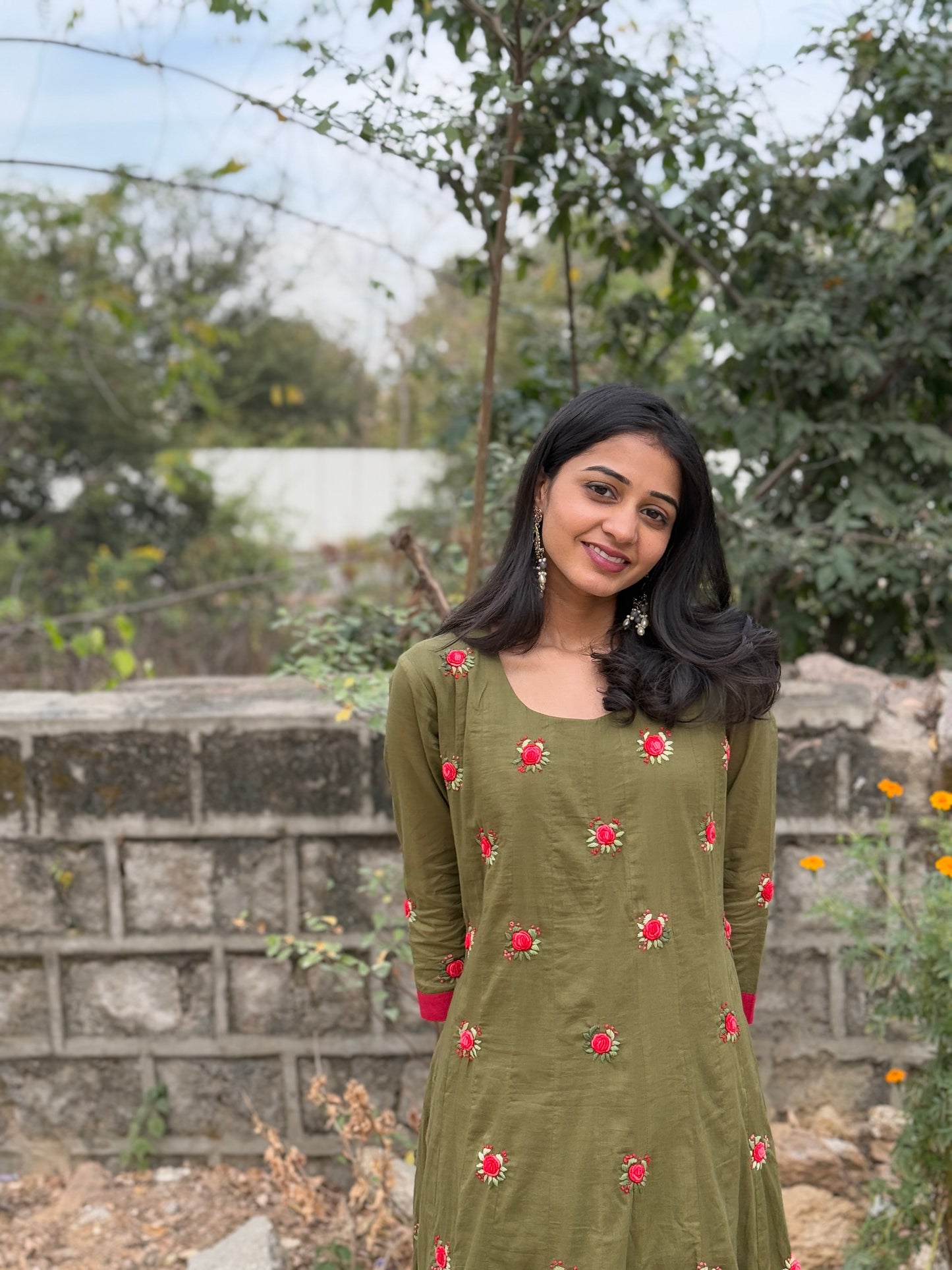 A0225 green Mulmul khali model two piece dress with rose hand embroidery detailing