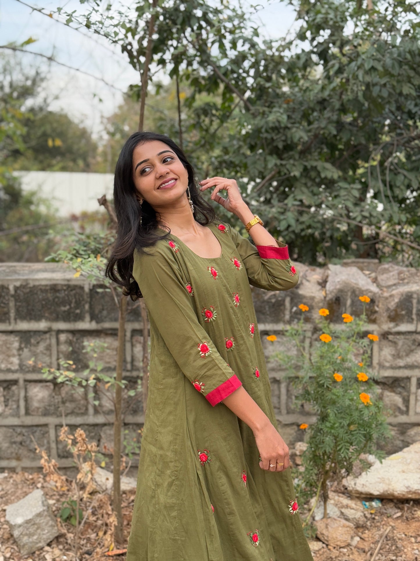 A0225 green Mulmul khali model two piece dress with rose hand embroidery detailing