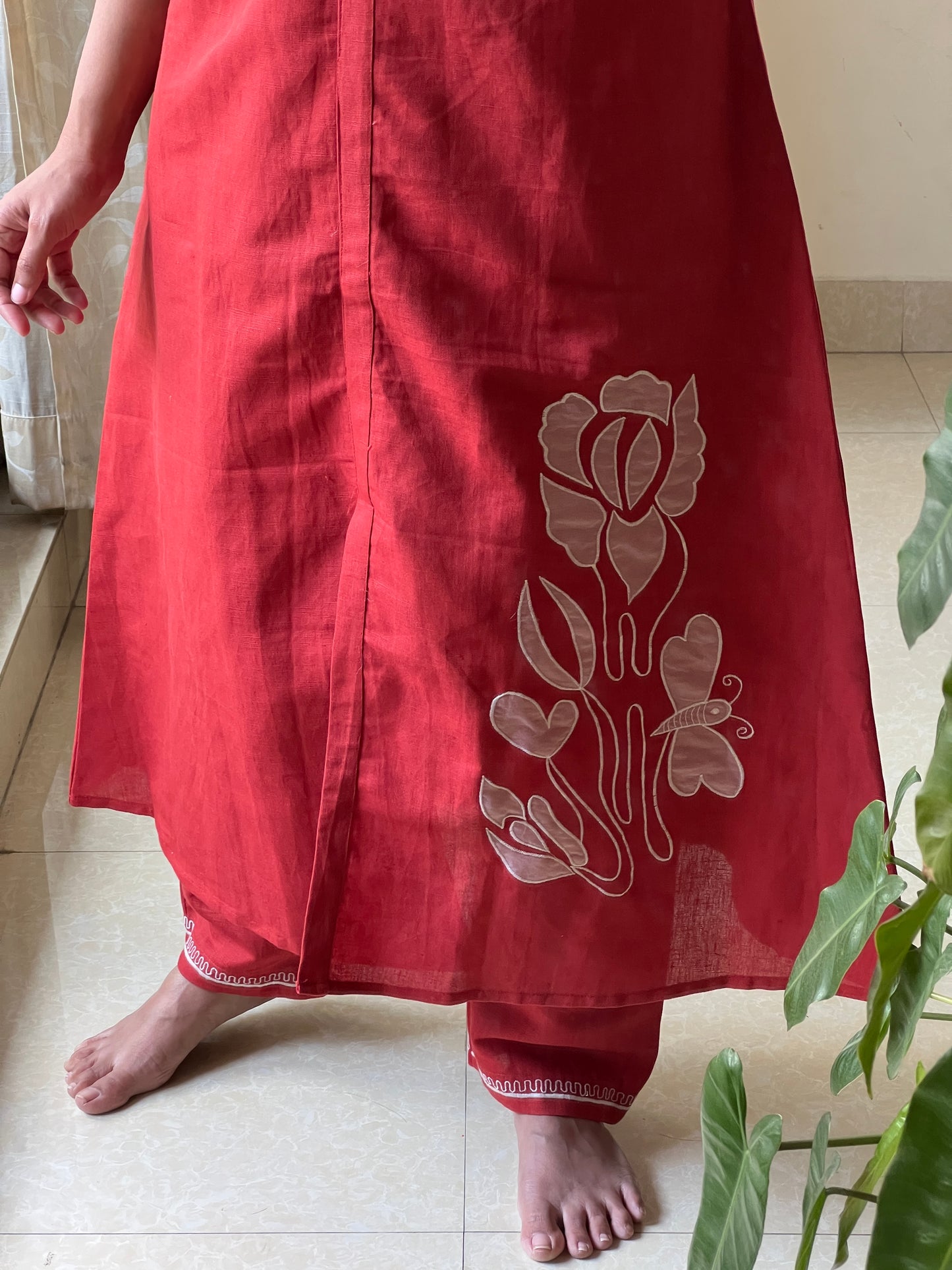 A0323 rust handloom cotton 2 piece set with applique work detailing