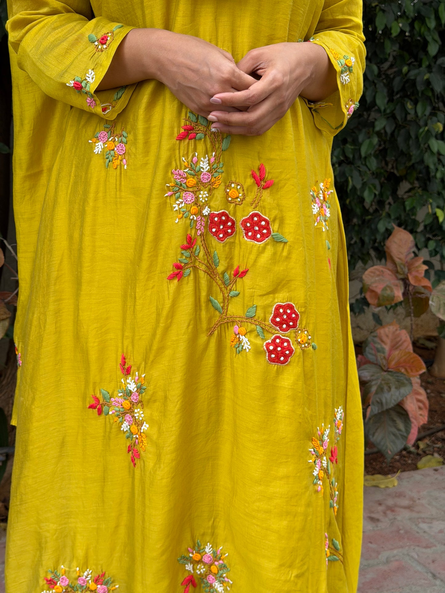 A0637 Mustard shade 3pc set with appliqué and hand embroidery details