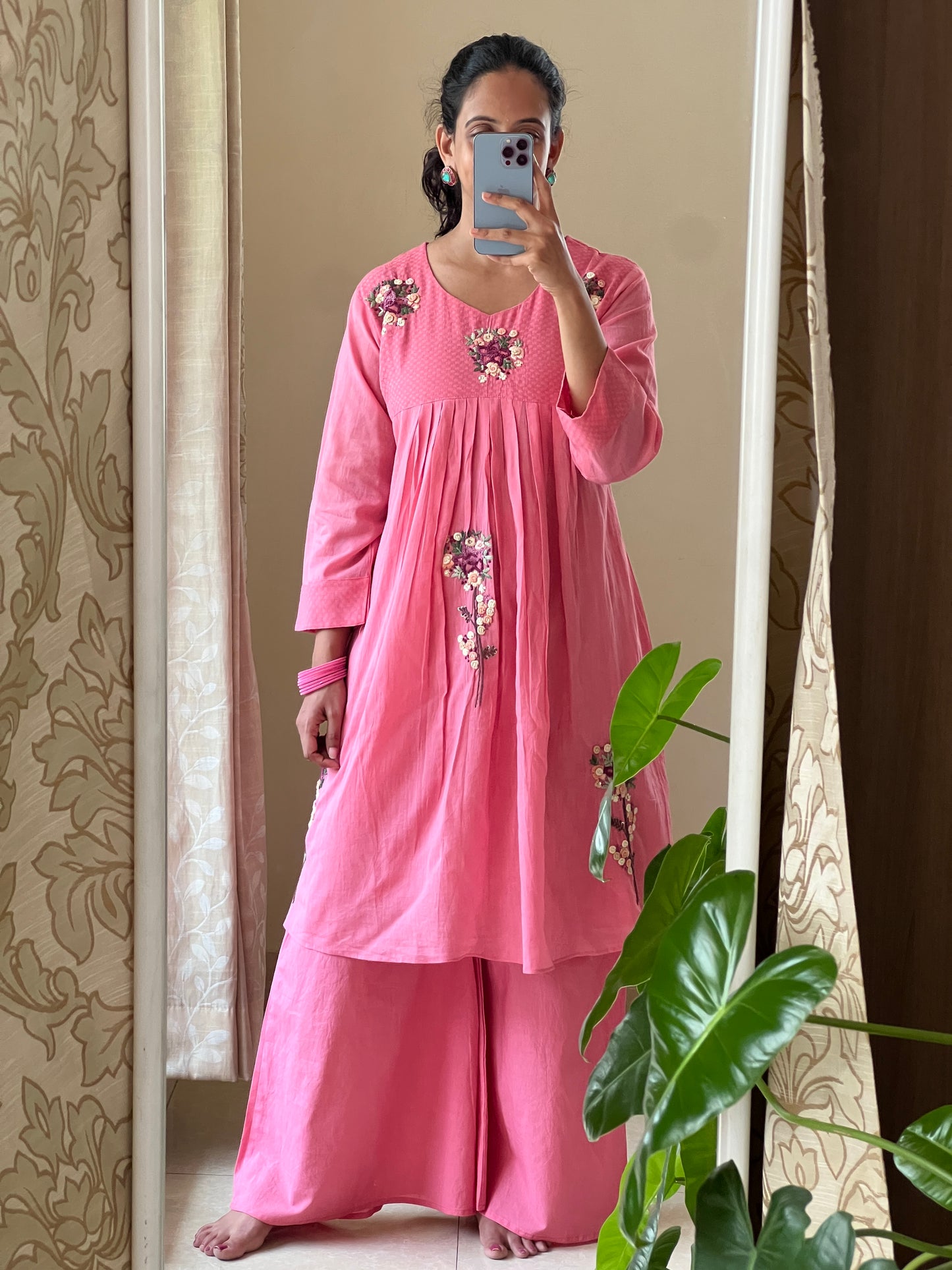 A0503 pink mul cotton 2 piece dress with hand embroidery detailing comes with plazzo pants