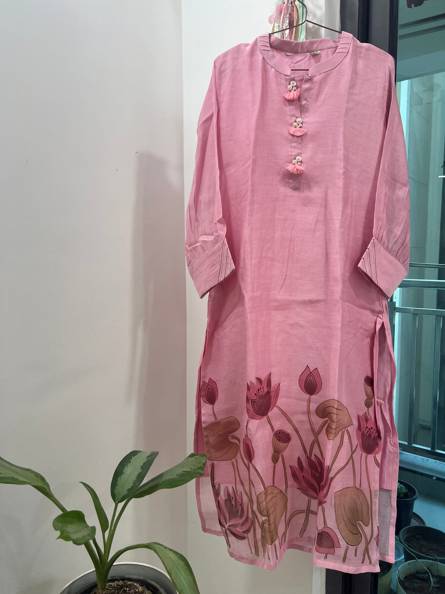 P013 pink Premium Mul chanderi 2 piece dress with lotus hand paint detailing