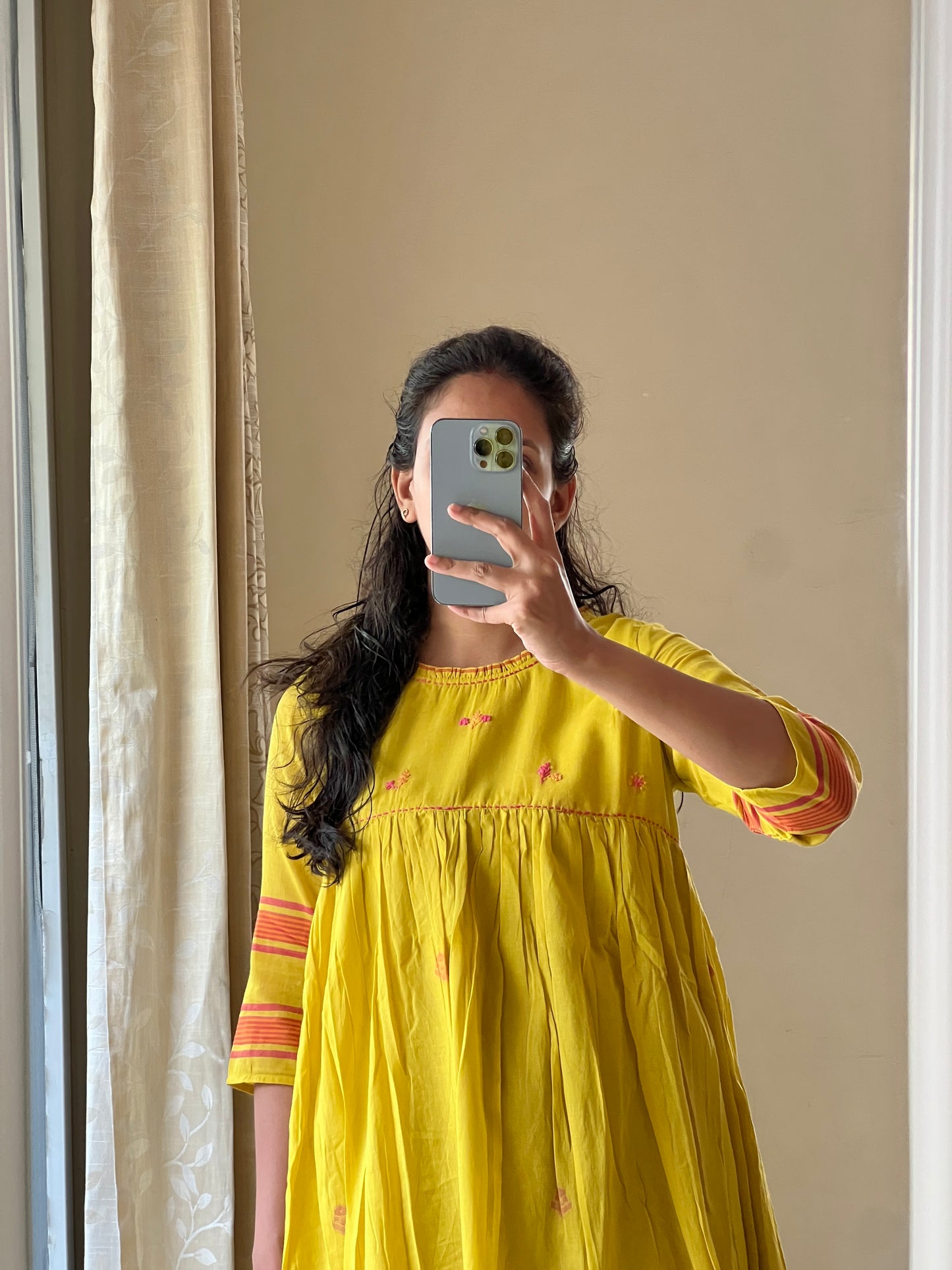 A0368 yellow Bengal cotton jamdani Frock with hand work detailing on yoke part
