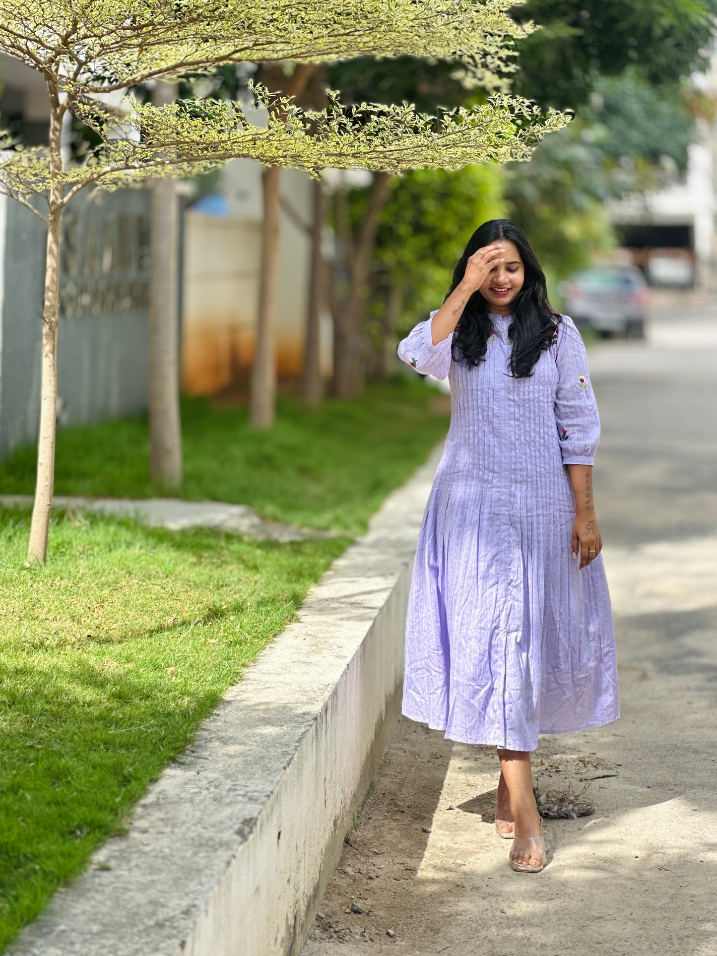 A0120 Mulmul pink one piece dress with hand embroidery detailing