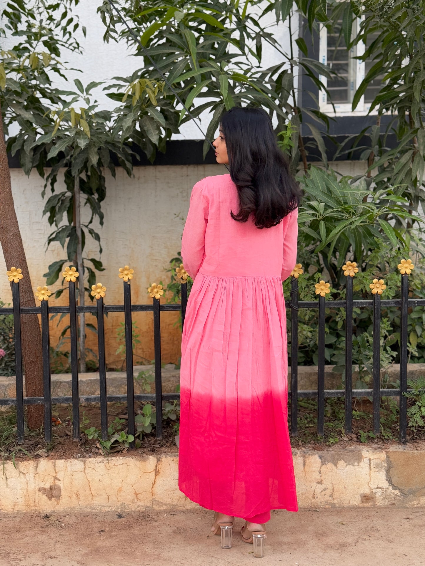 A0226 pink Mulmul shaded two piece set with hand embroidery detailing