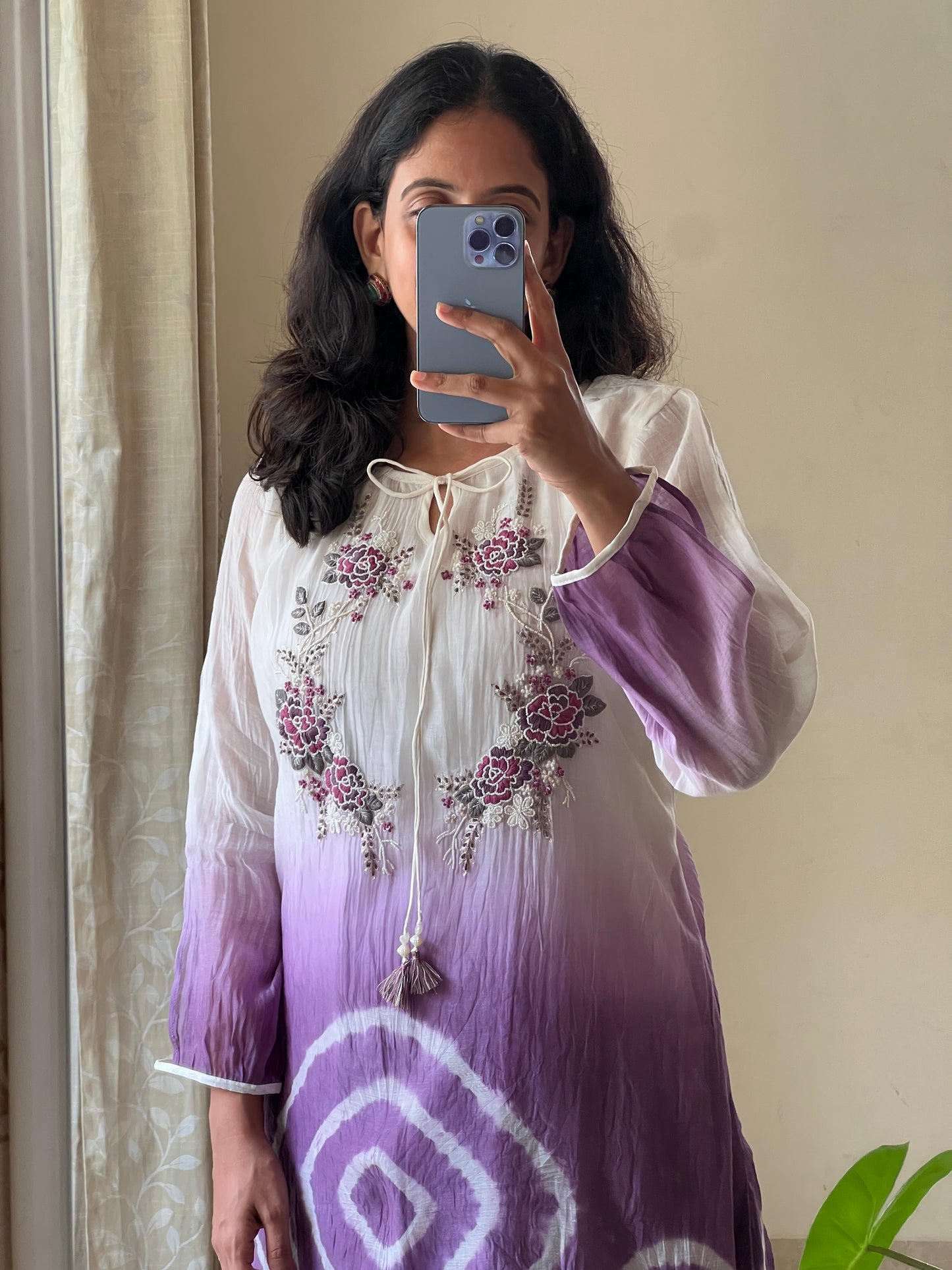 A0500 white & purple tie dye mul chanderi coord set with hand embroidery detailing on yoke part