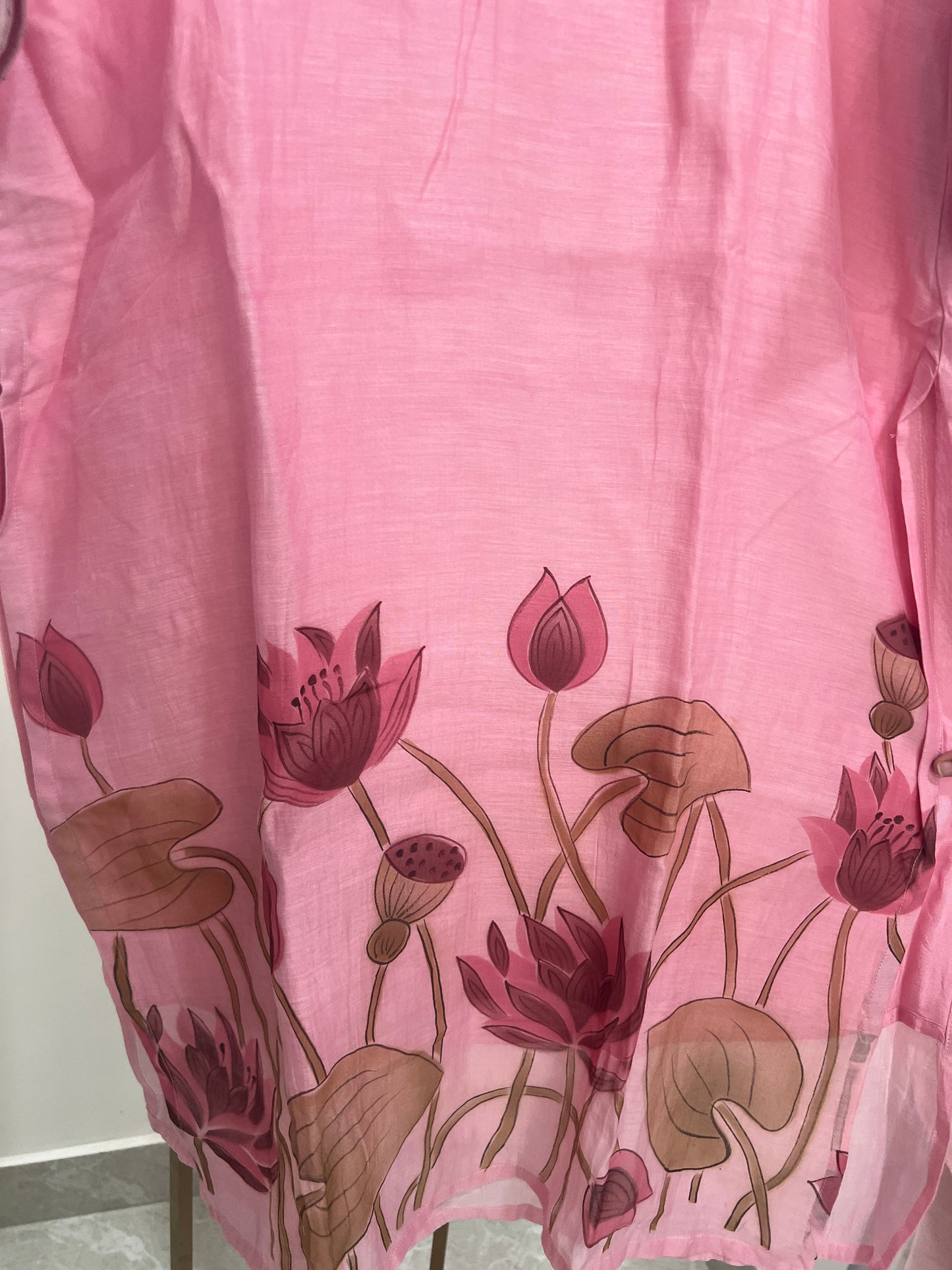 P013 pink Premium Mul chanderi 2 piece dress with lotus hand paint detailing