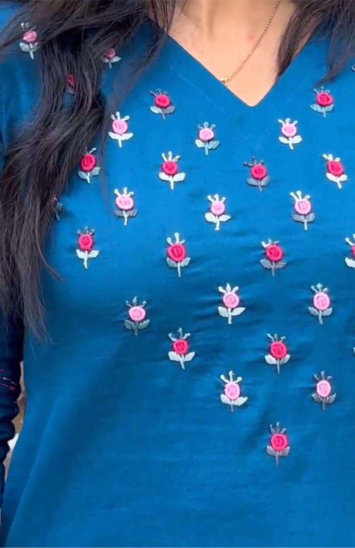 A0180 Blue handloom Cotton two piece set with rose hand embroidery and applique work detailing