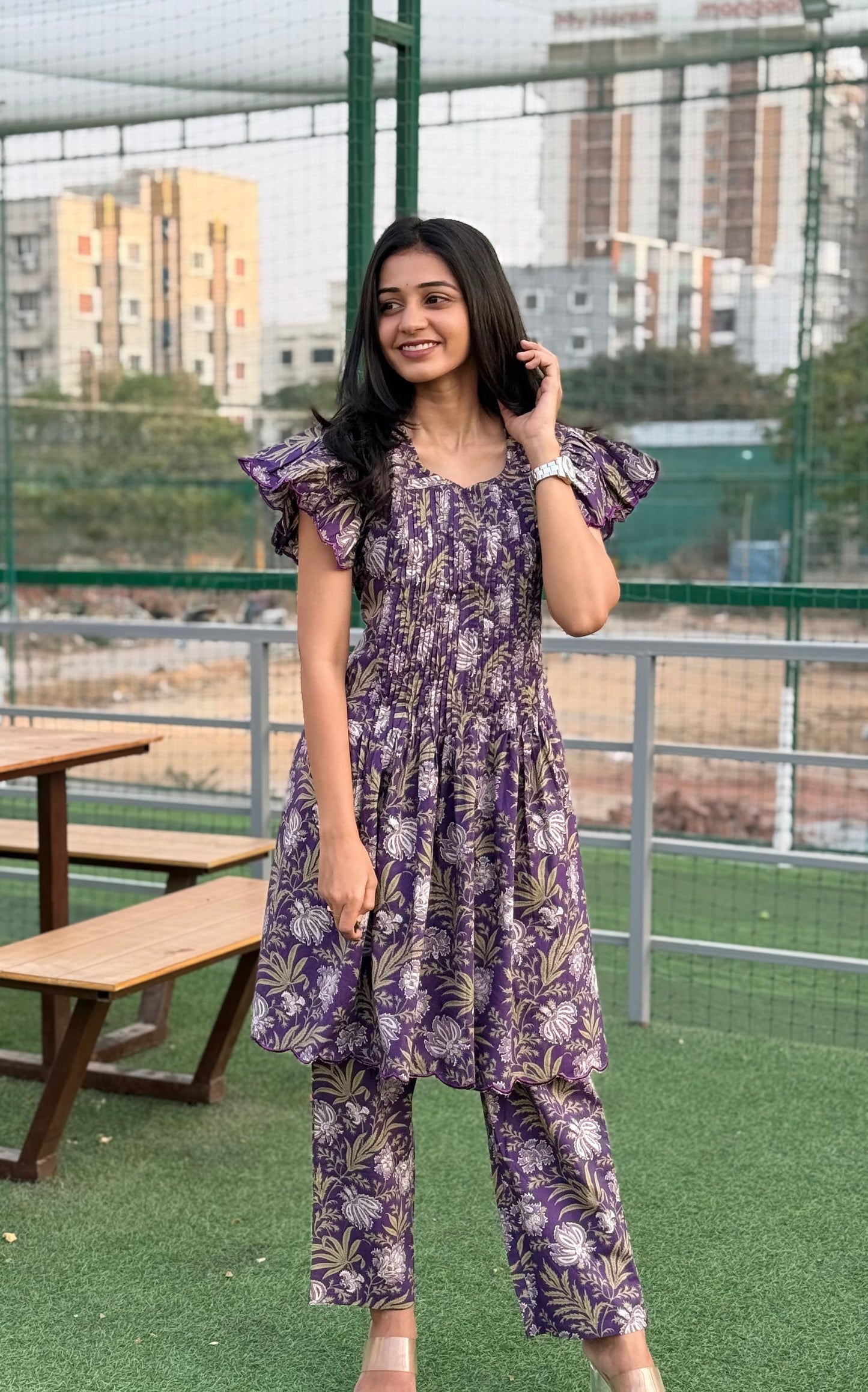 A0377 purple pure cotton hand block print coord set with pleats & cut work machine embroidery detailing