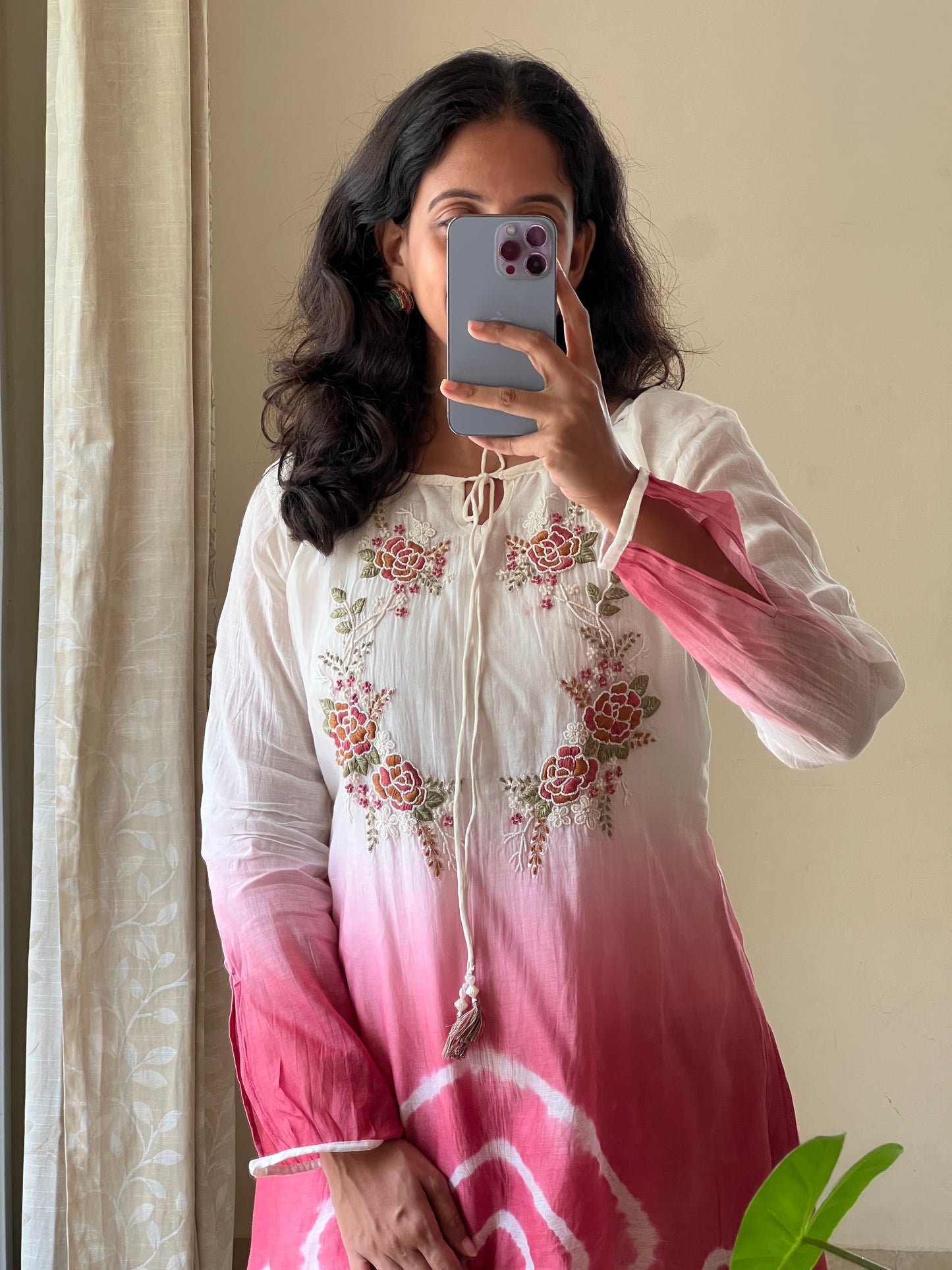 A0501 white & peach tie dye mul chanderi coord set with hand embroidery detailing on yoke part