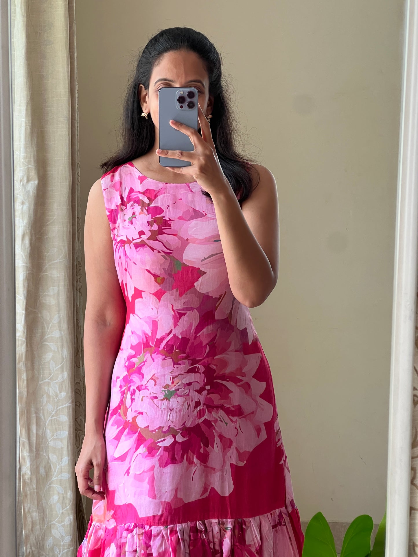 A0513 pink floral cotton silk one piece dress with digital floral printed pattern, sleeves are provided inside
