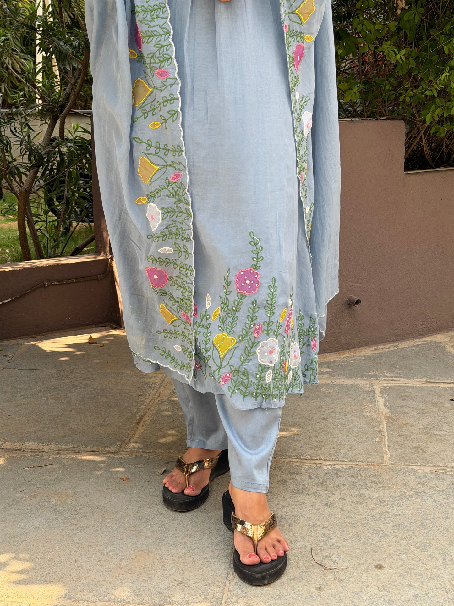 A0695 Powder blue 3pc set with applique, mirror and embroidery detailing