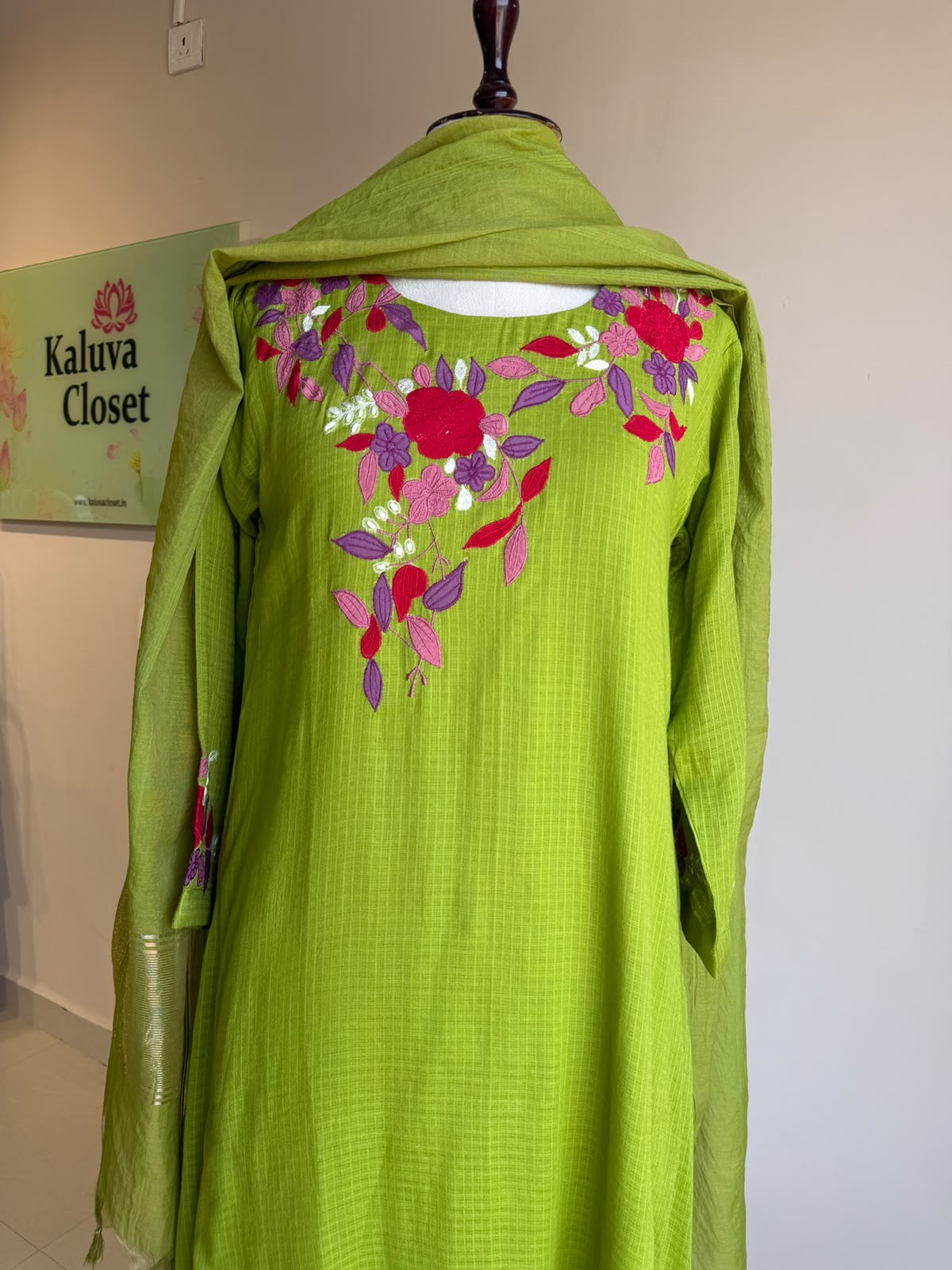 A0857 green Kota applique work 3 piece dress
