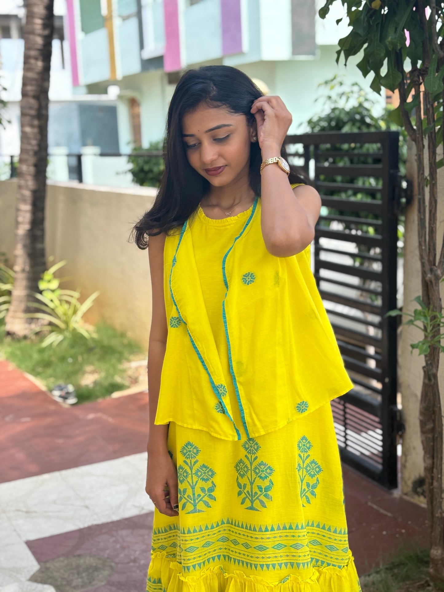 A0093 yellow Pure Jamdani cotton coat style dress