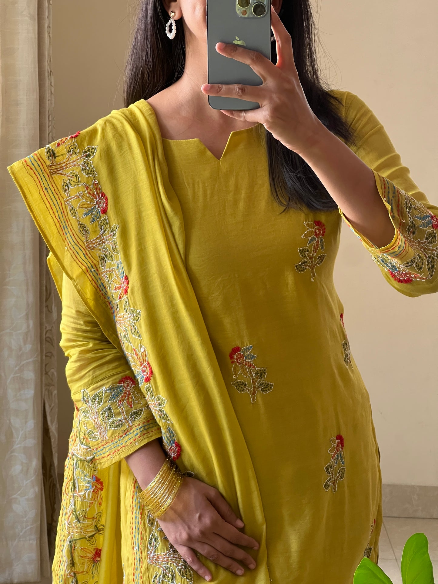 A0558 yellow mul chanderi 3 piece dress with Kantha work detailing all over the dress & duppatta