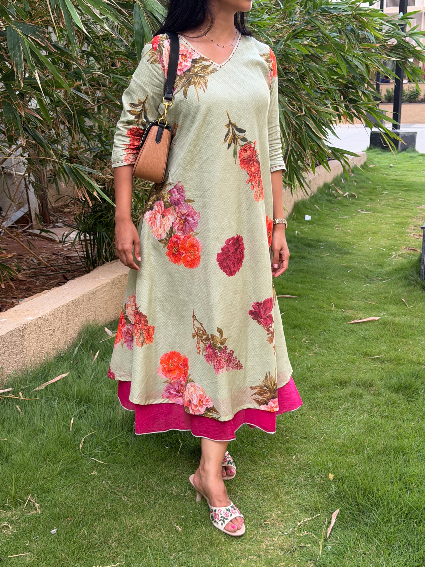 A0781 Pure Kota cotton digital printed dress in green and pink