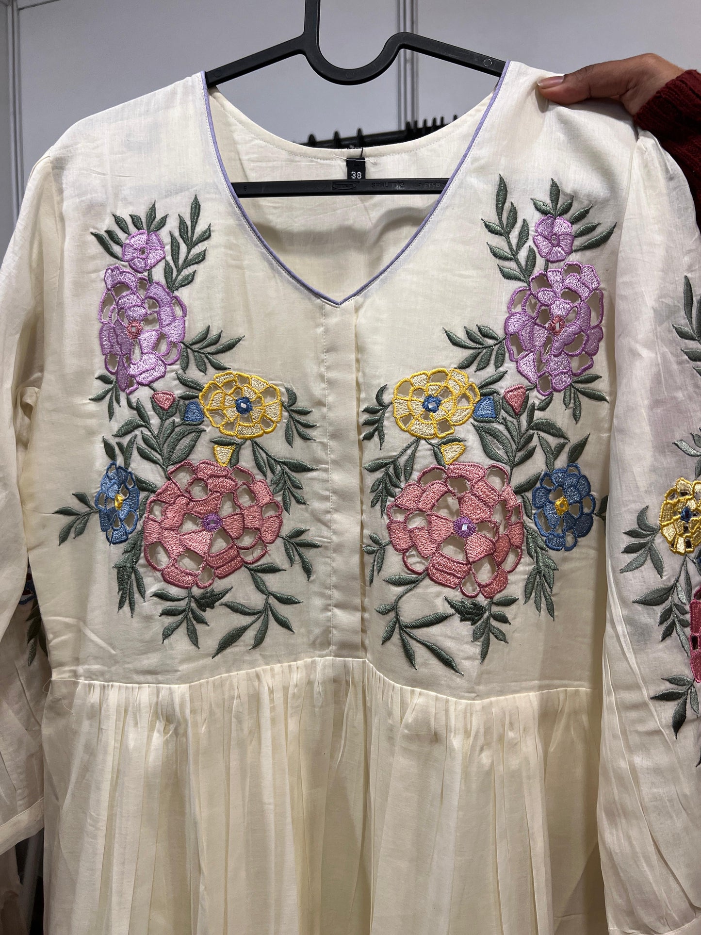 A0216 half white Mulmul one piece dress with cut work embroidery