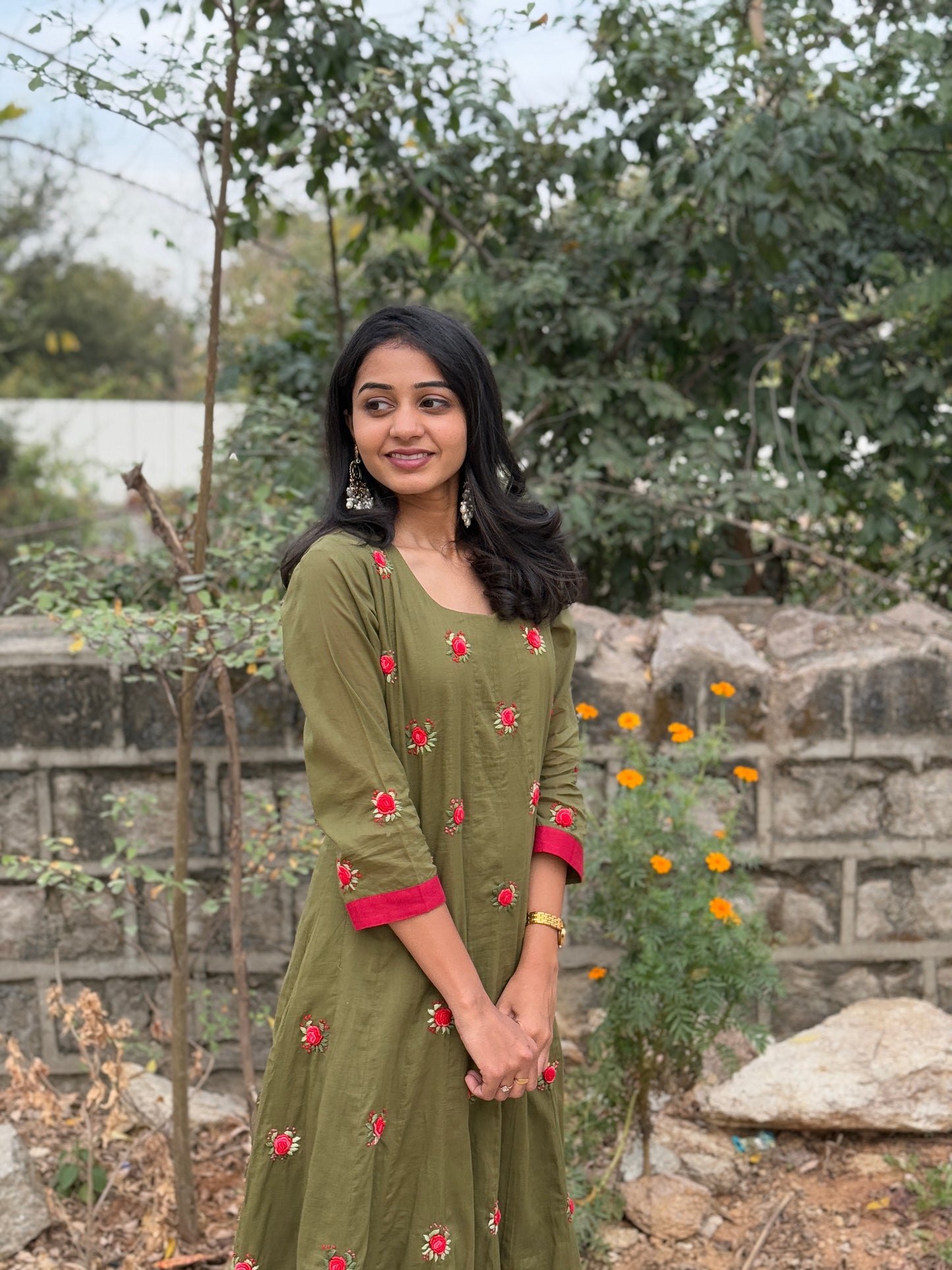 A0225 green Mulmul khali model two piece dress with rose hand embroidery detailing