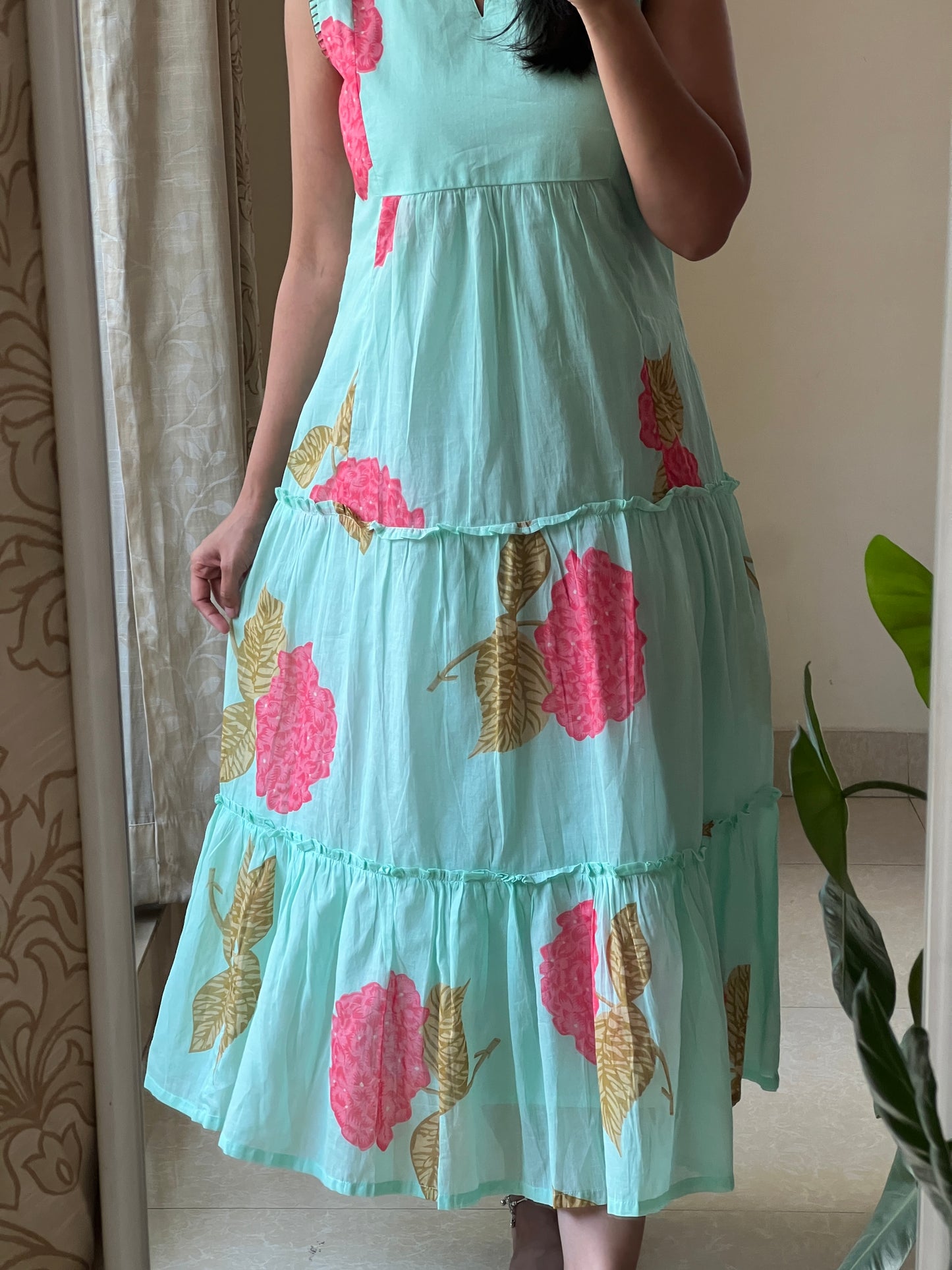 A0568 sea green cotton floral printed one piece dress comes with cotton lining inside