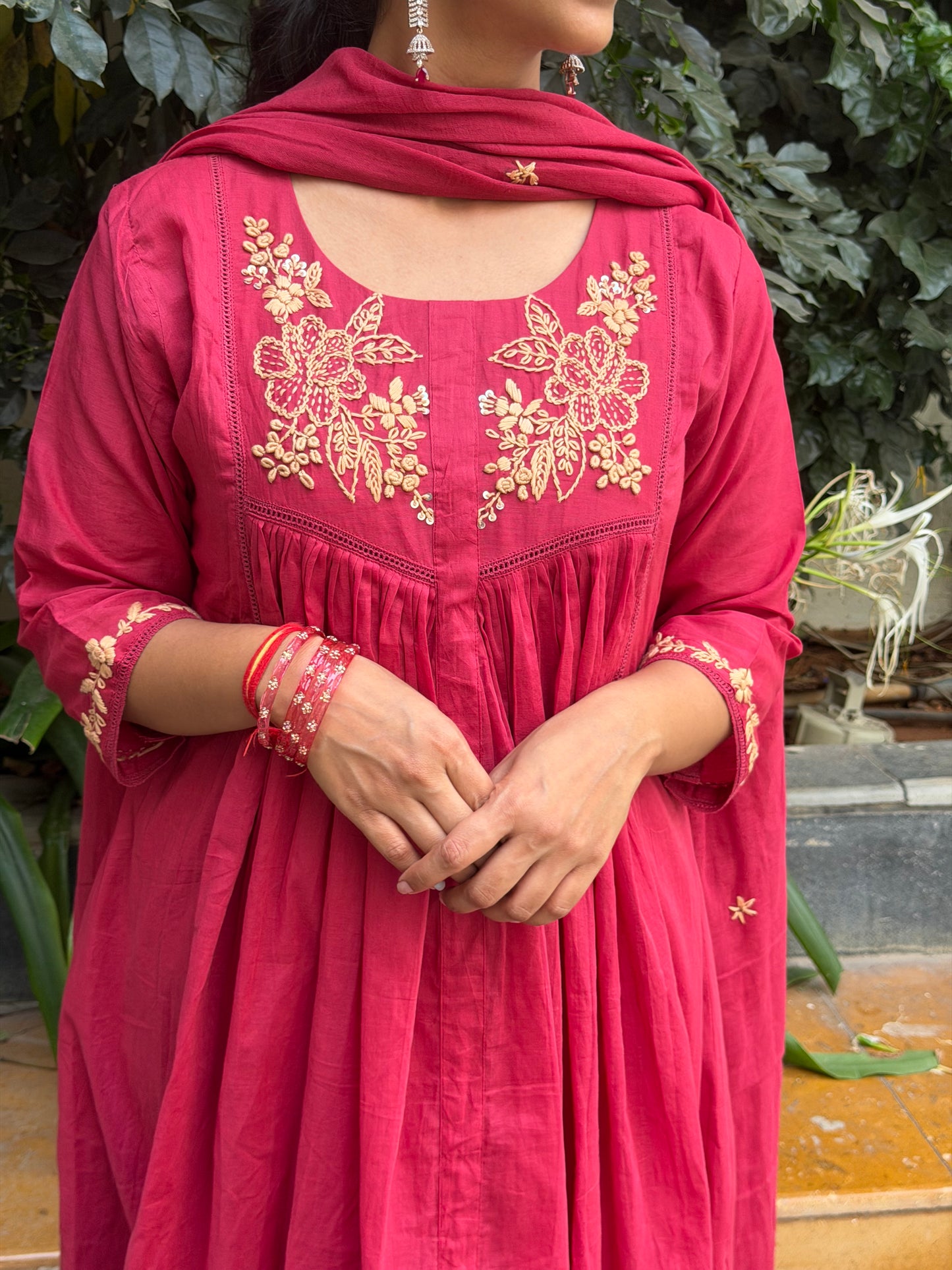 A0658 maroon Mul cotton 3pc set with embroidery detailing