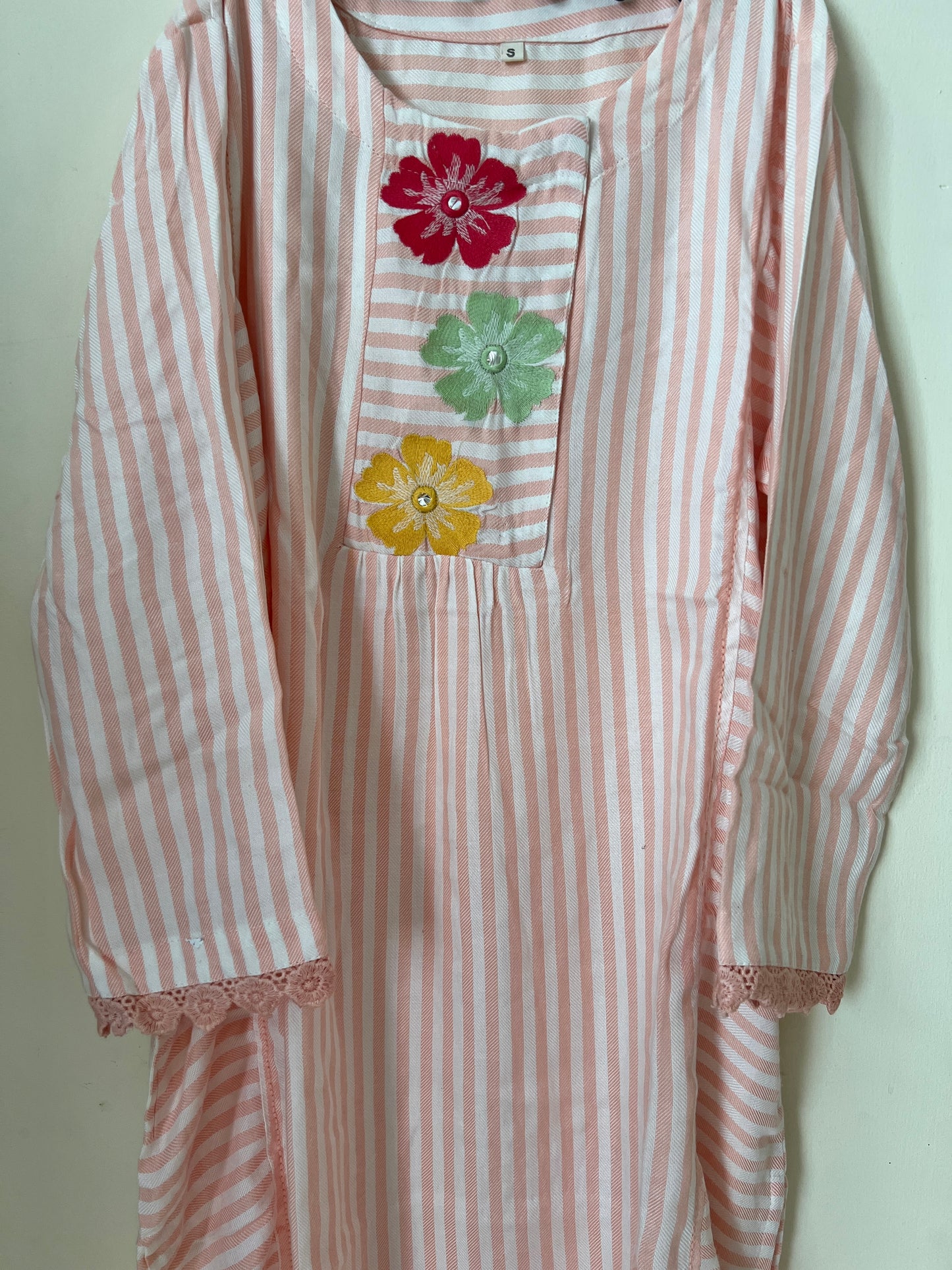 A0206 peach stripes handloom cotton 2 piece dress with machine embroidery on yoke