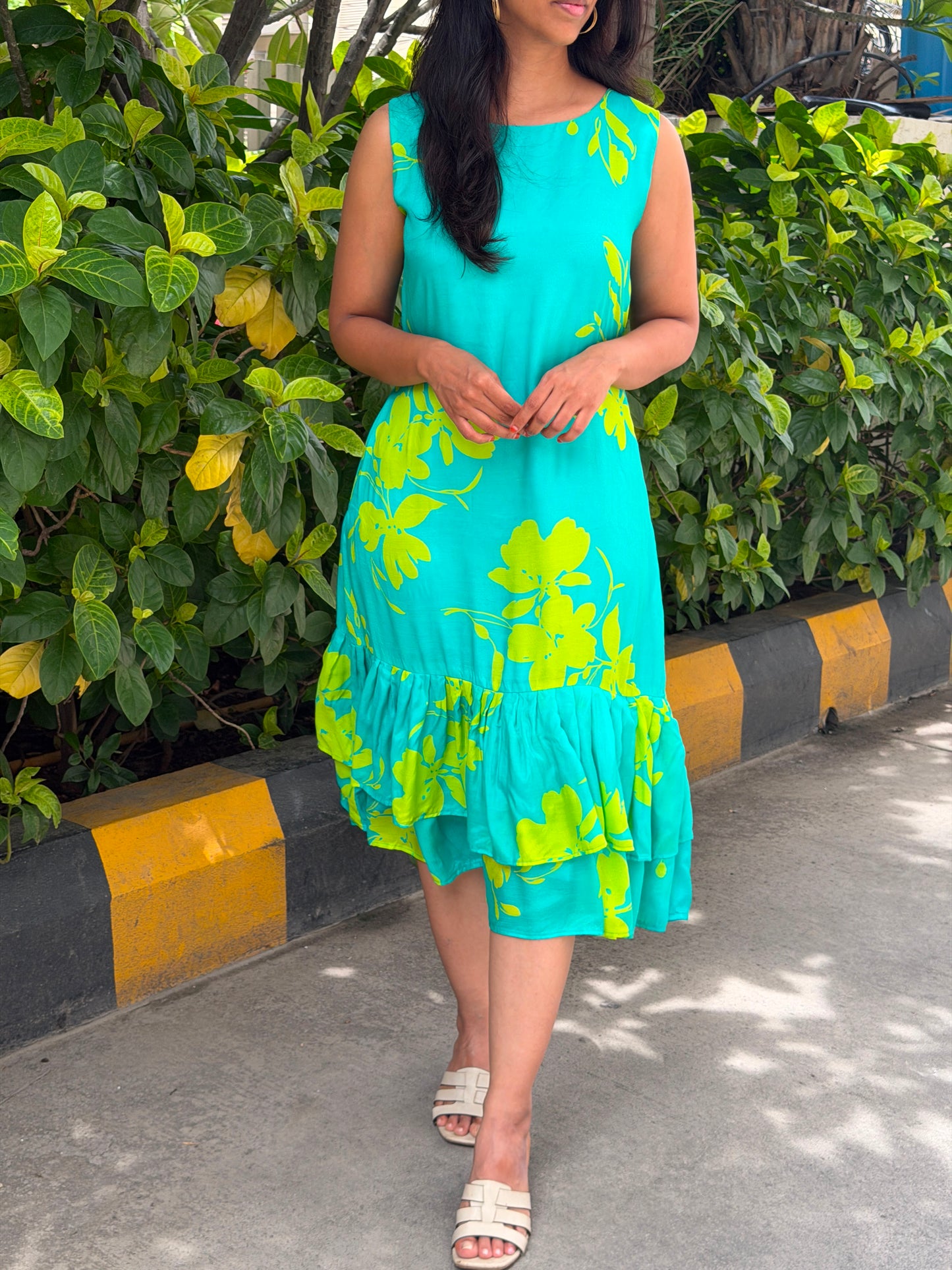 A0823 Aqua blue cotton silk one piece dress